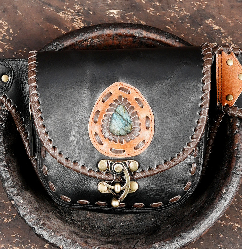 Boho leather utility belt with genuine labradorite stone accents