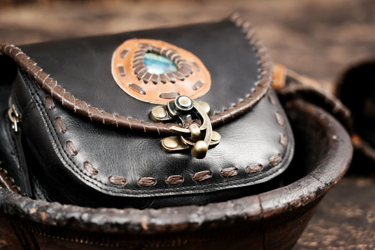 Steampunk style leather belt bag with labradorite gemstones
