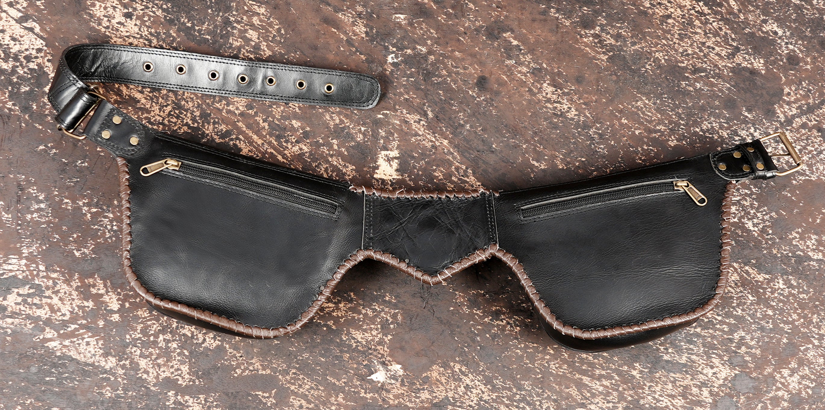 Labradorite stone leather belt bag with rustic stitching