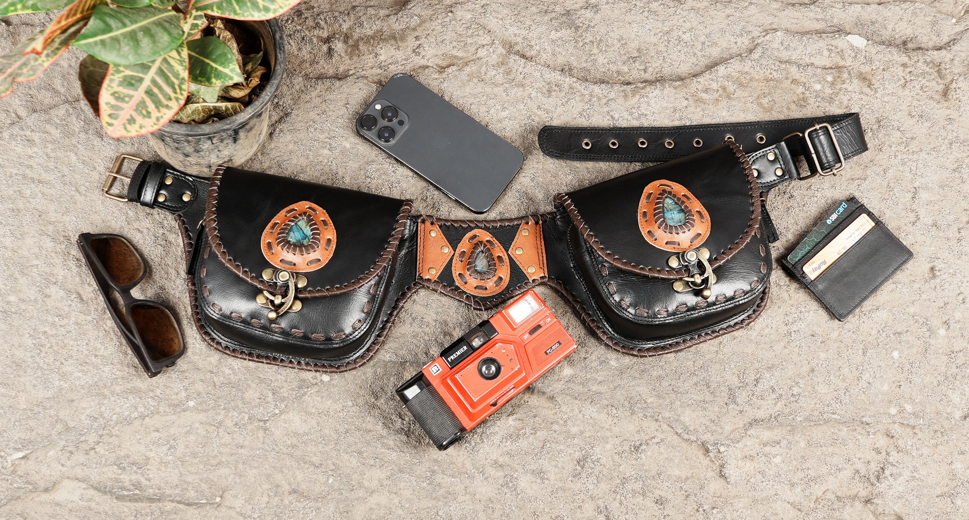 Leather utility hip pack with genuine gemstone details