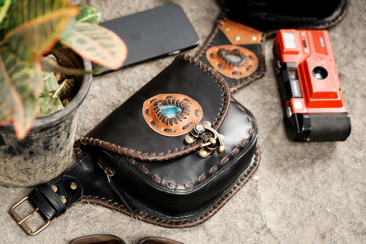 Leather pocket belt with labradorite stones and turn-lock hardware