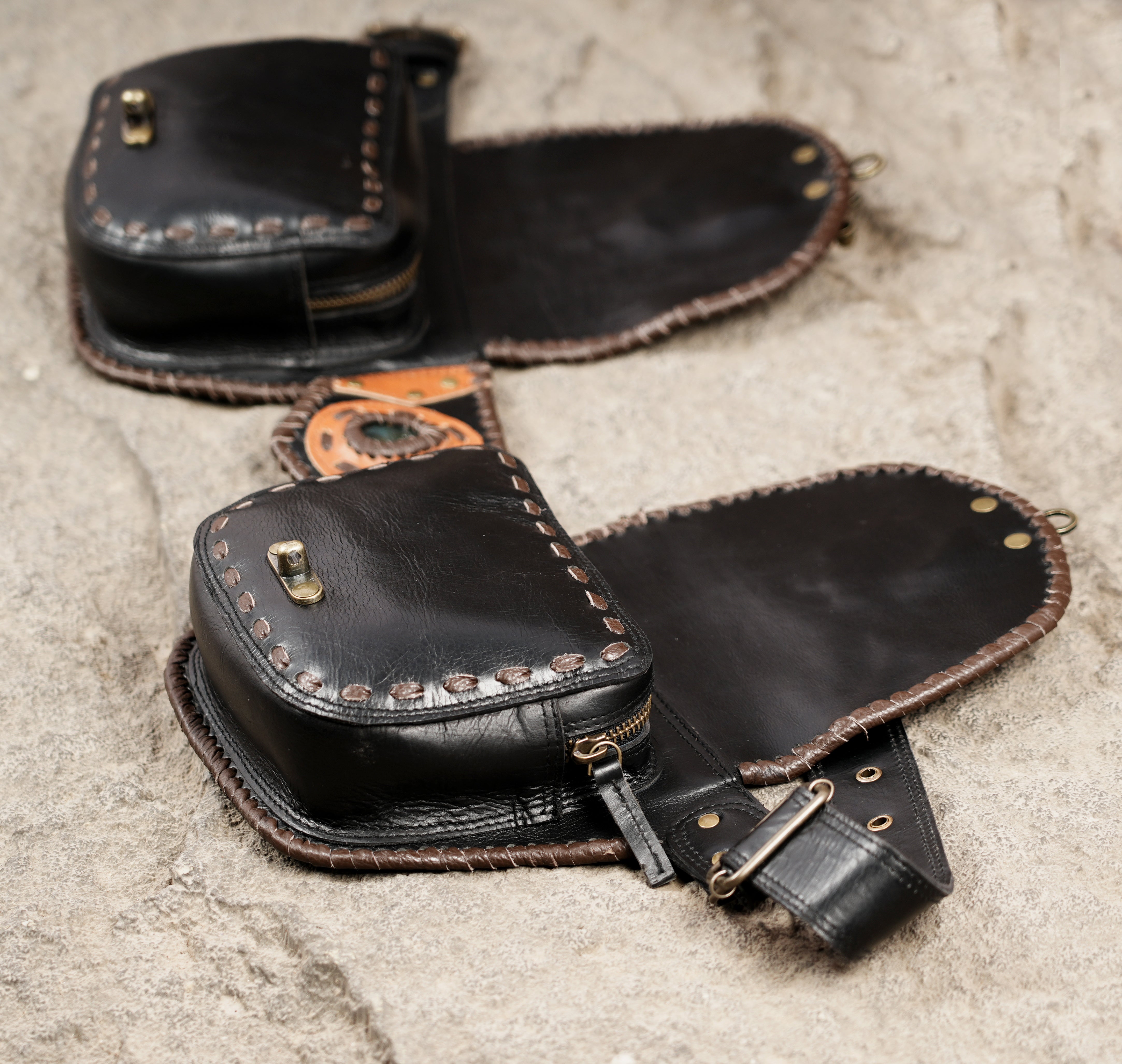 Leather waist pouch belt with stone embellishment and clasp closure