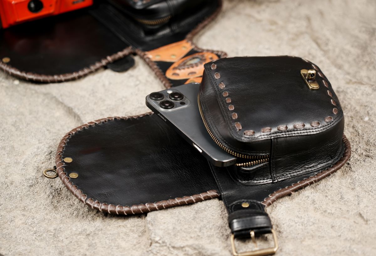 Boho chic leather waist belt with pocket and stone design