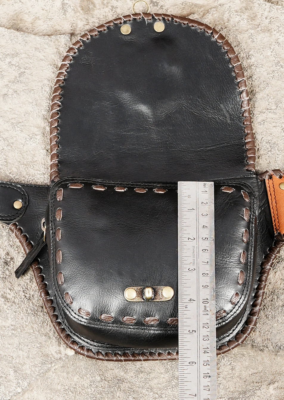 Leather festival belt with twin pouches and decorative stitching