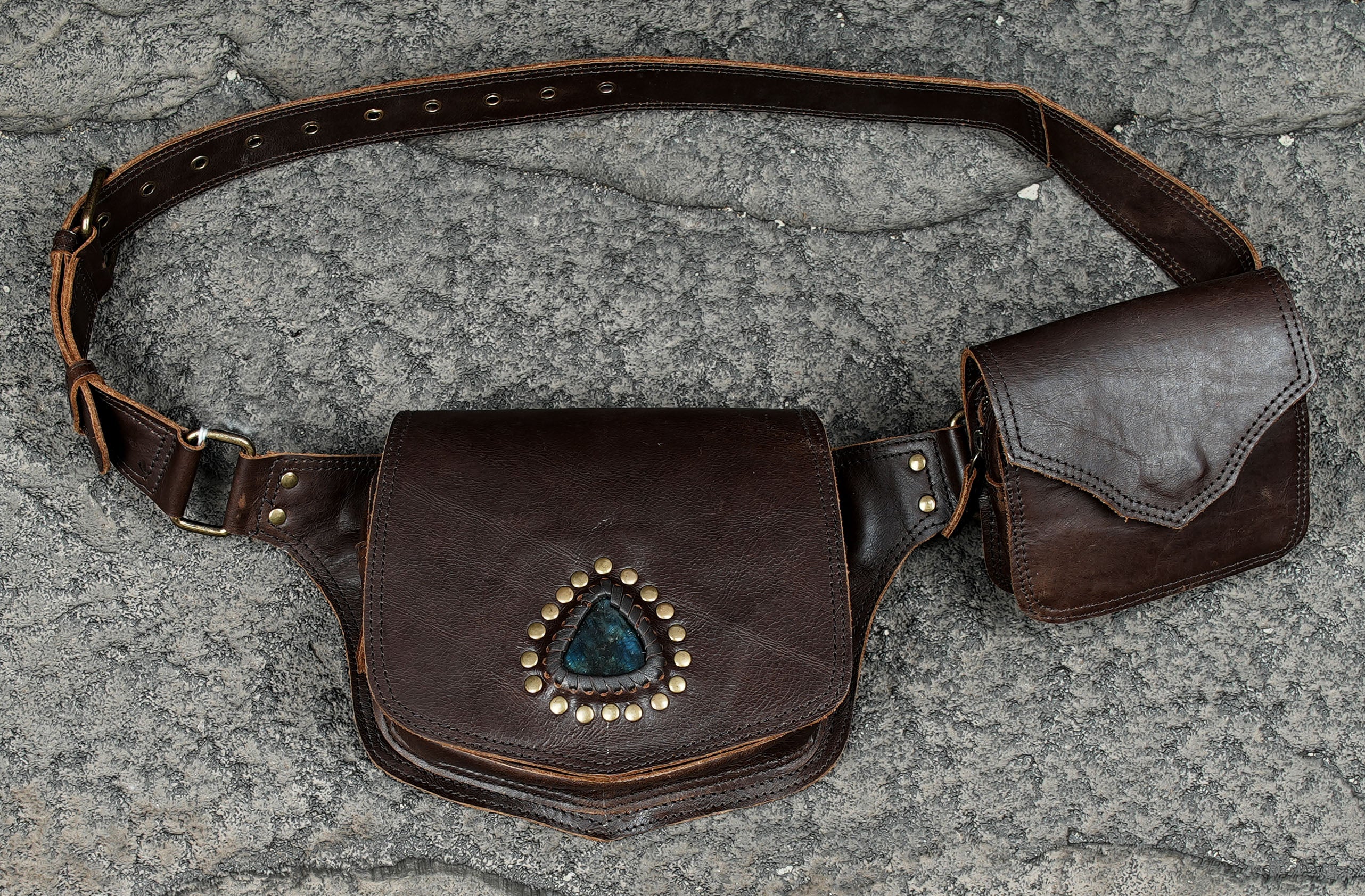 Handmade Leather Utility Belt Bag with Labradorite Stone – Adjustable Pocket Belt with Double Pouches, Festival Hip Bag