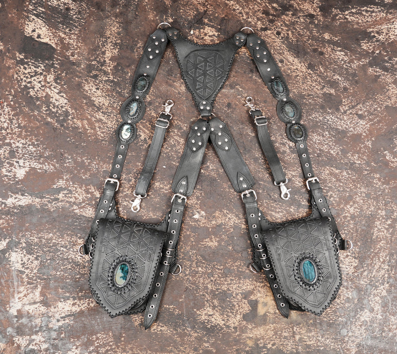 Handmade black leather shoulder holster with geometric embossed design