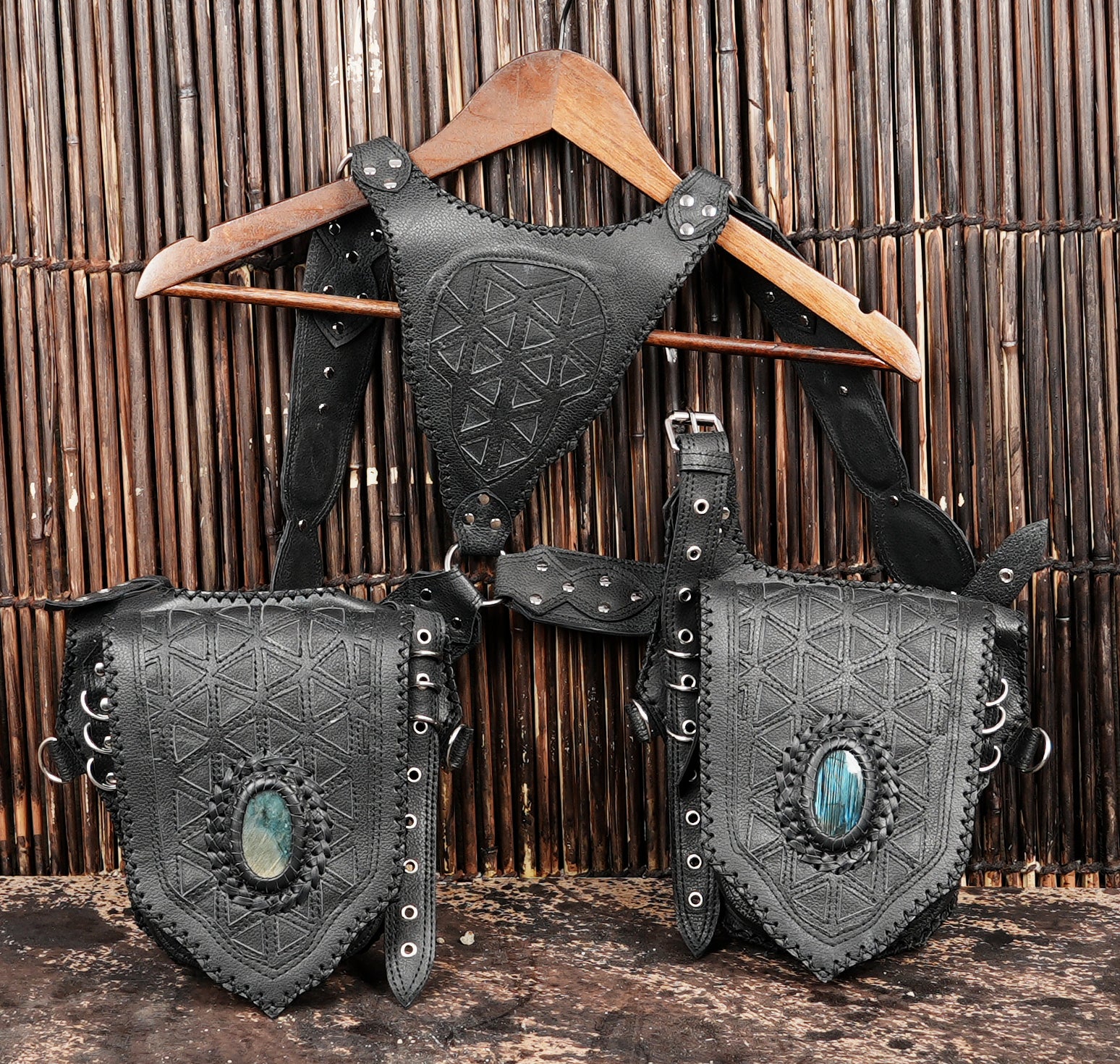 Festival leather holster harness with dual pouch design and metal hardware