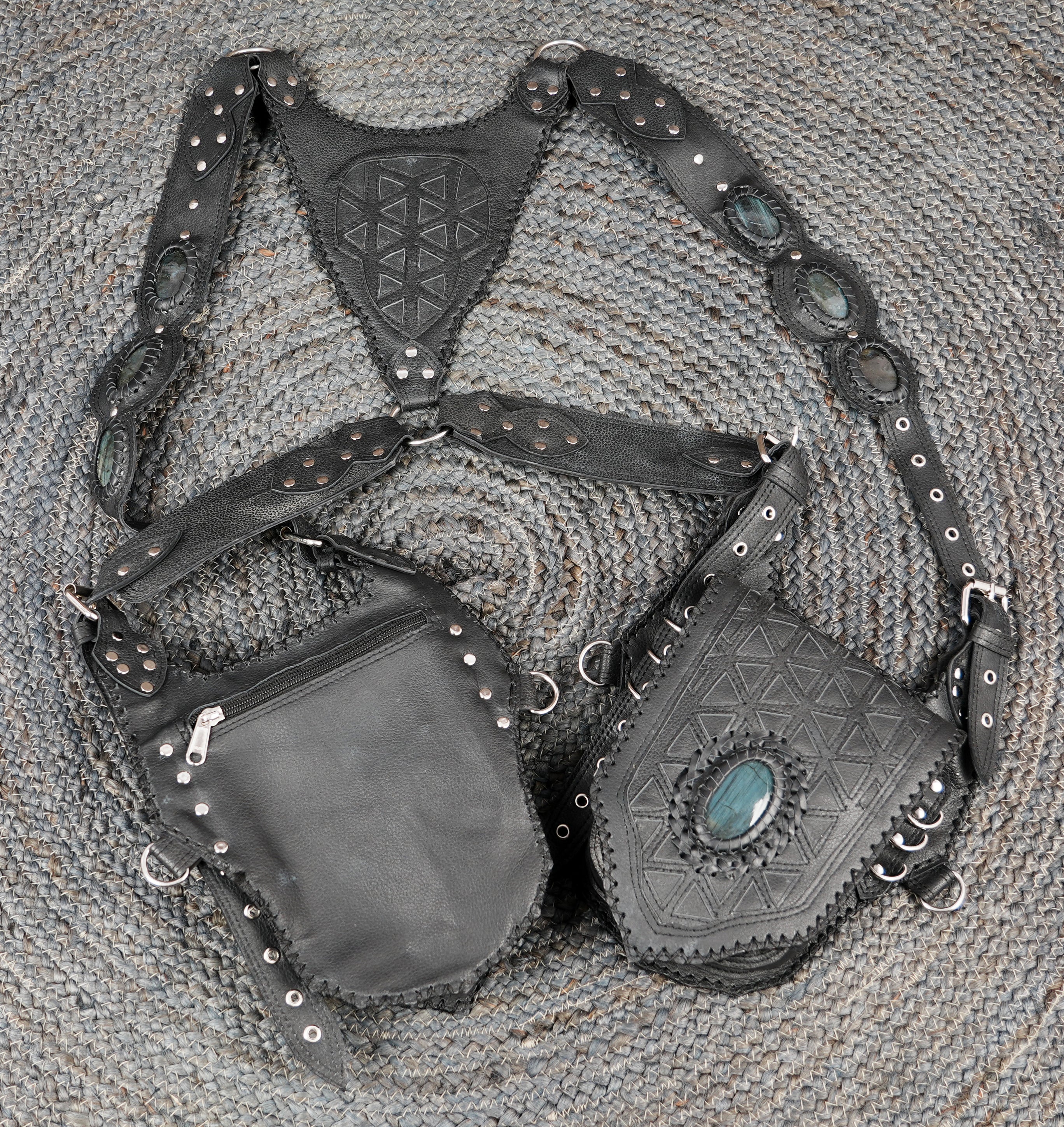 Ethnic inspired leather shoulder holster with embossed geometric panels