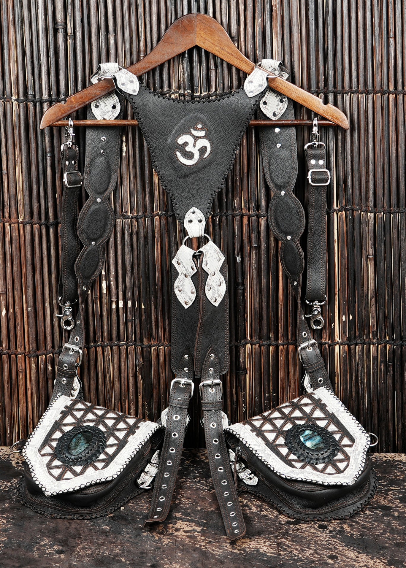 Spiritual leather holster featuring Om symbol and hand stitched design