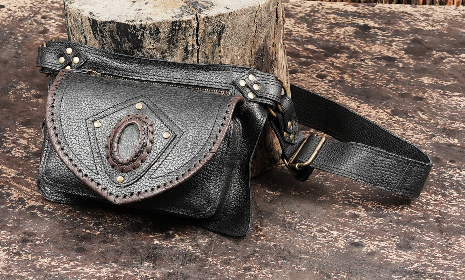 Artisan leather waist belt with front pocket pouch