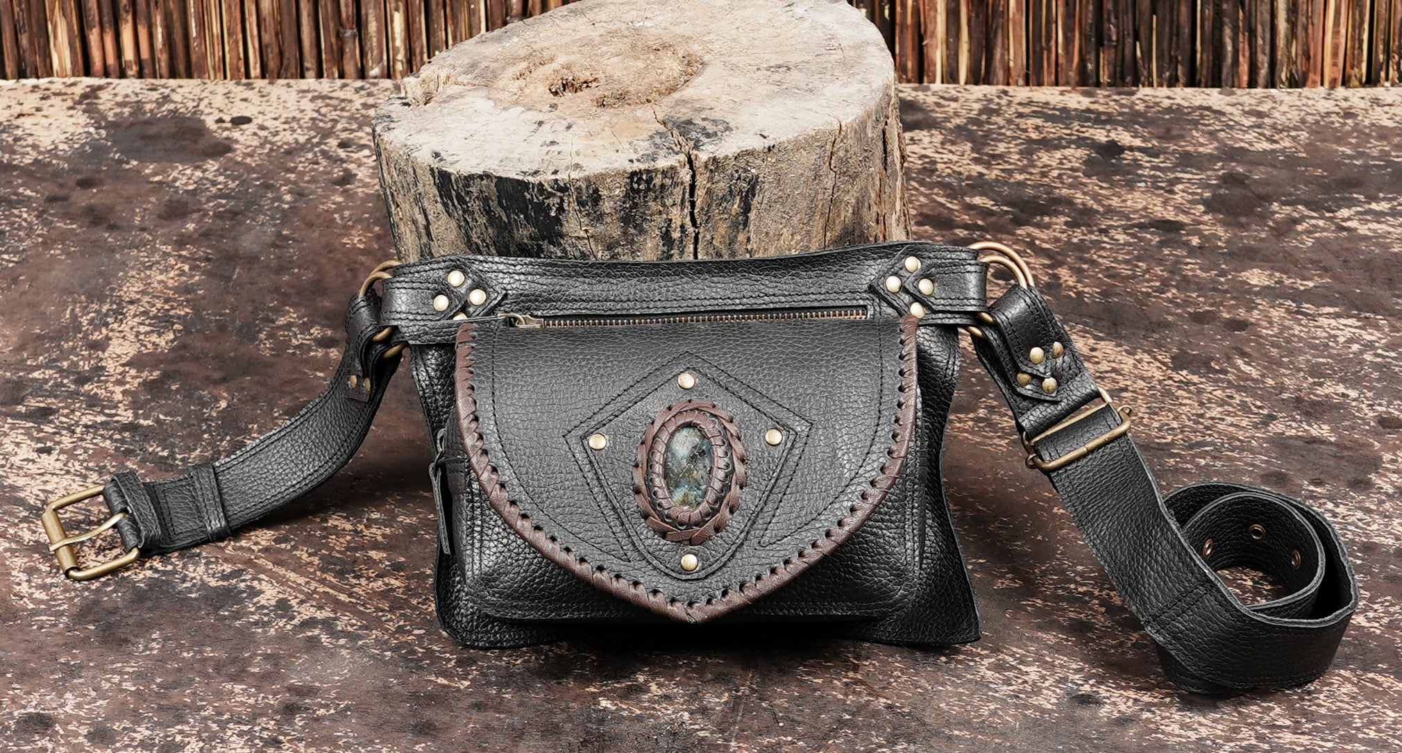 style leather belt bag with decorative stone