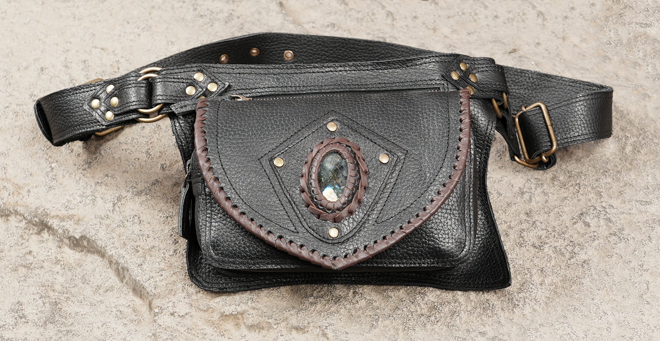 Boho style leather waist belt bag with stone accent