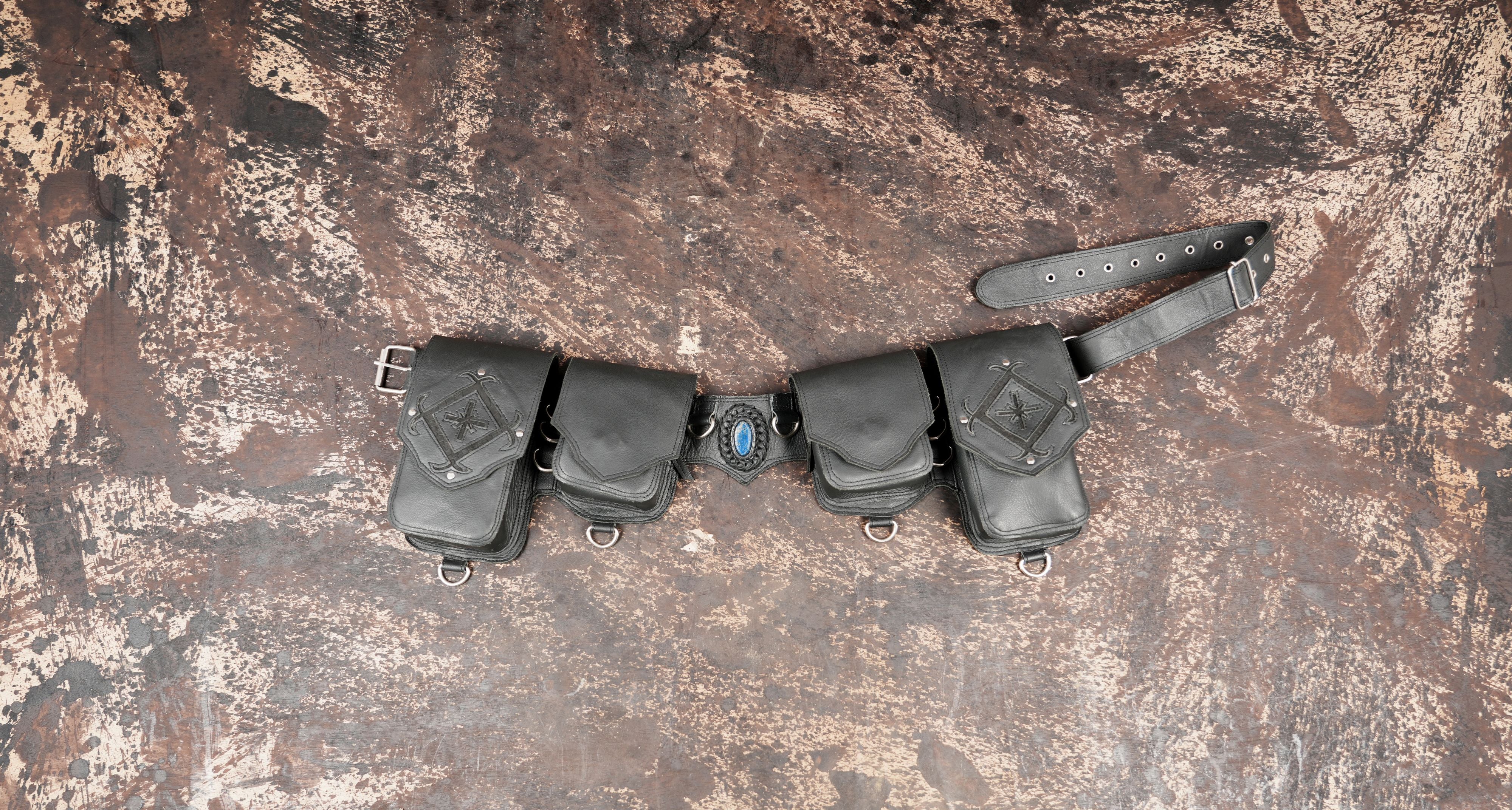 Black leather waist belt with multiple utility pouches