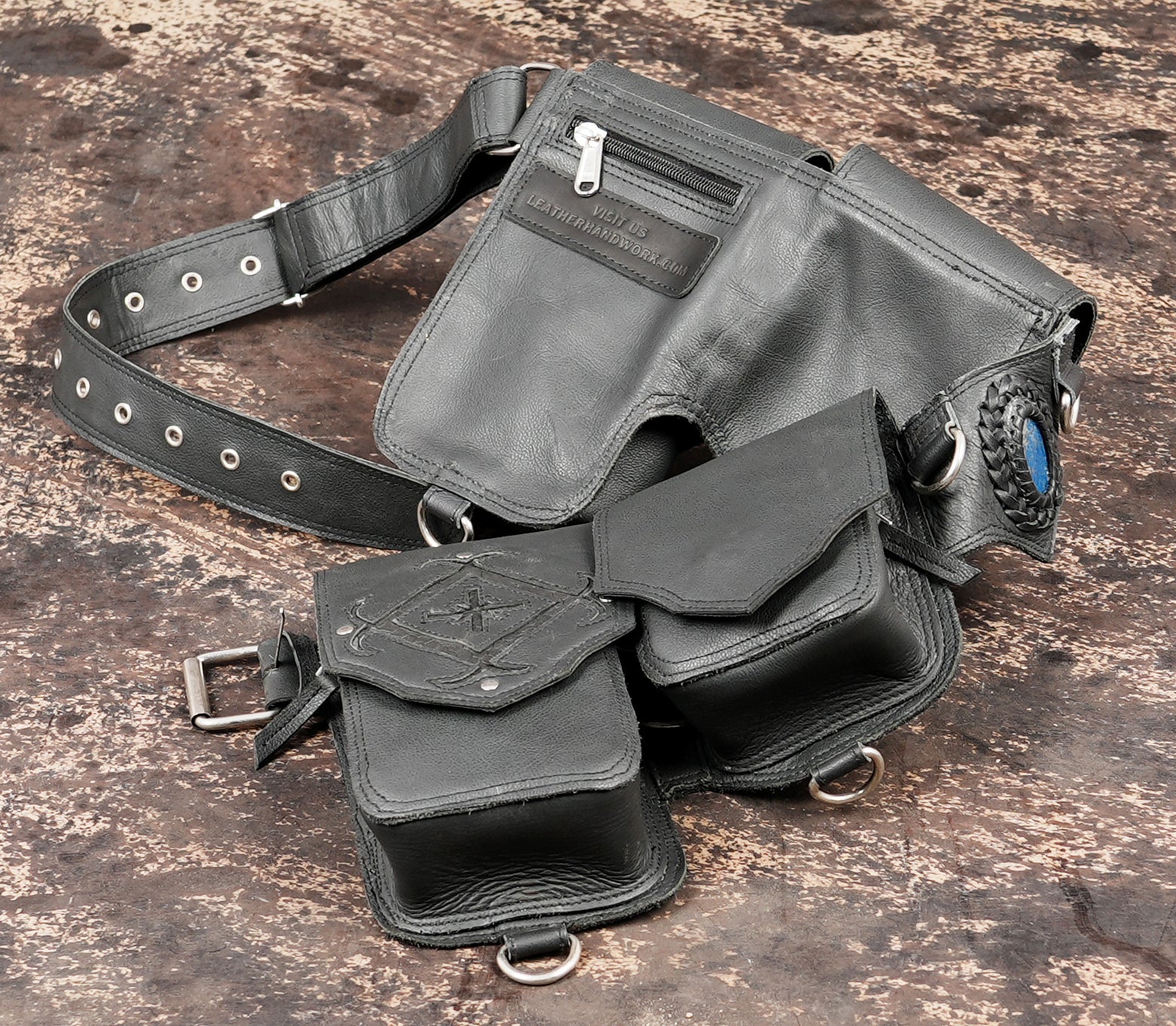 Genuine leather waist belt organizer with pouch pockets