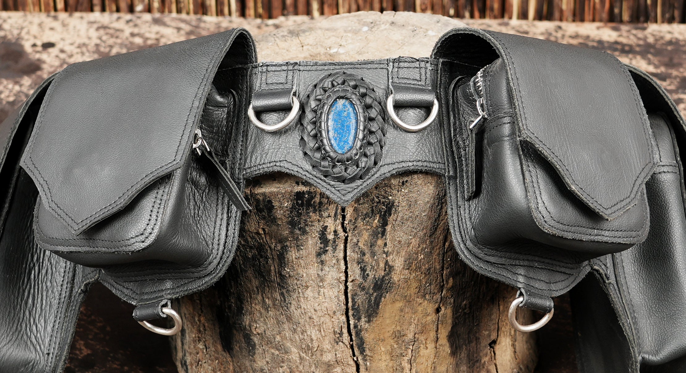 Artisan leather waist belt with front storage pouches