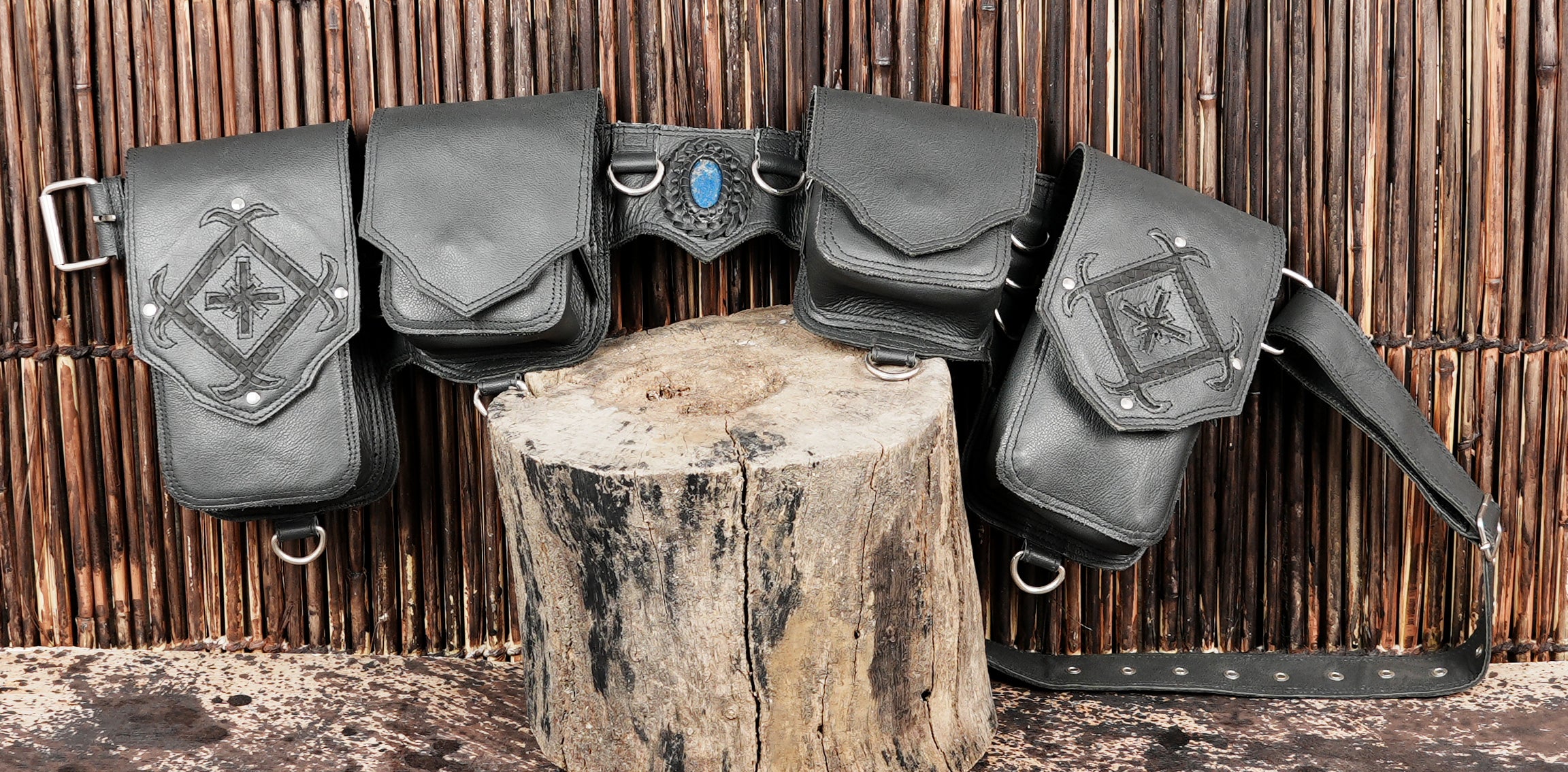 Artisan leather waist belt with front storage pouches