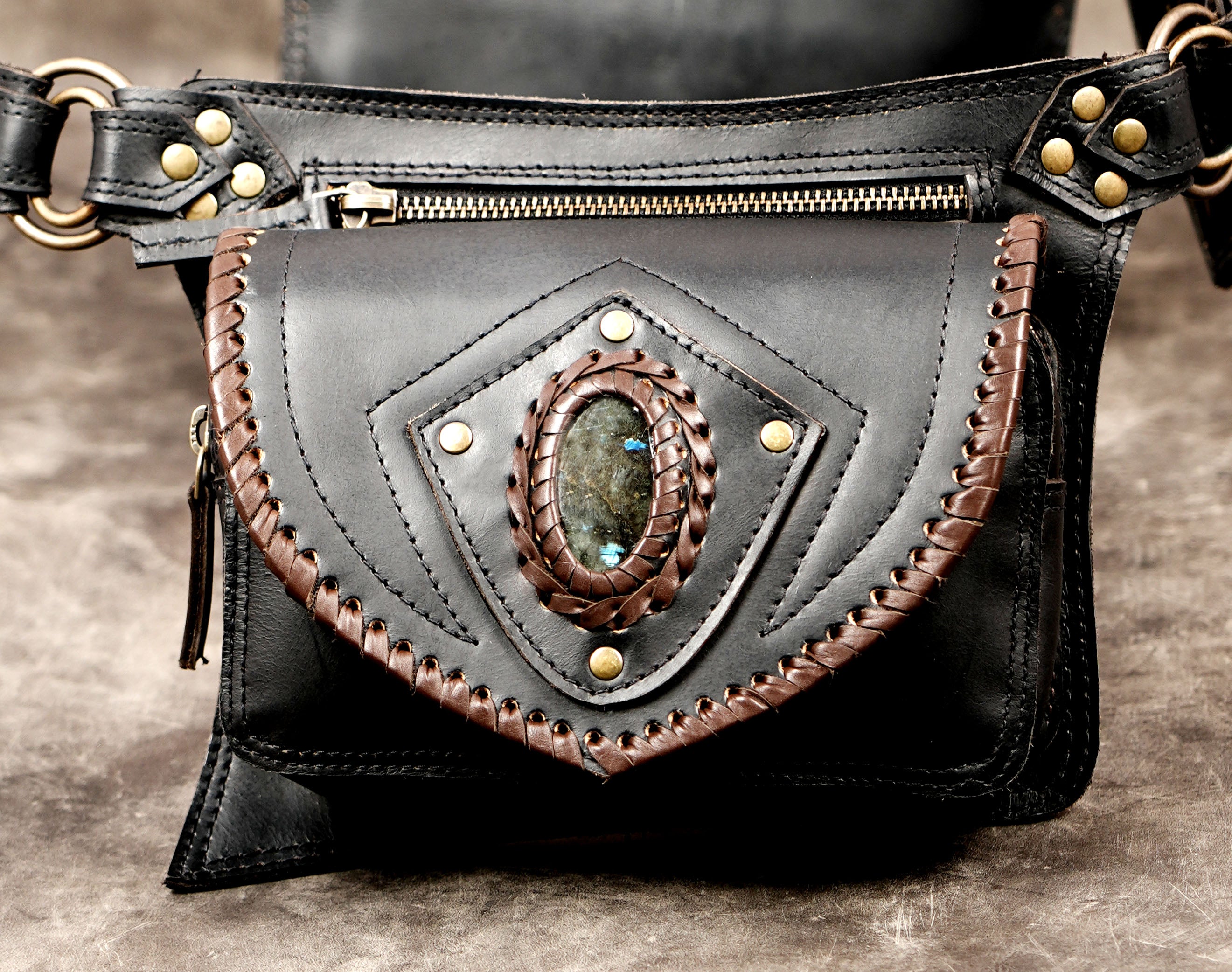 Black leather belt bag for travel