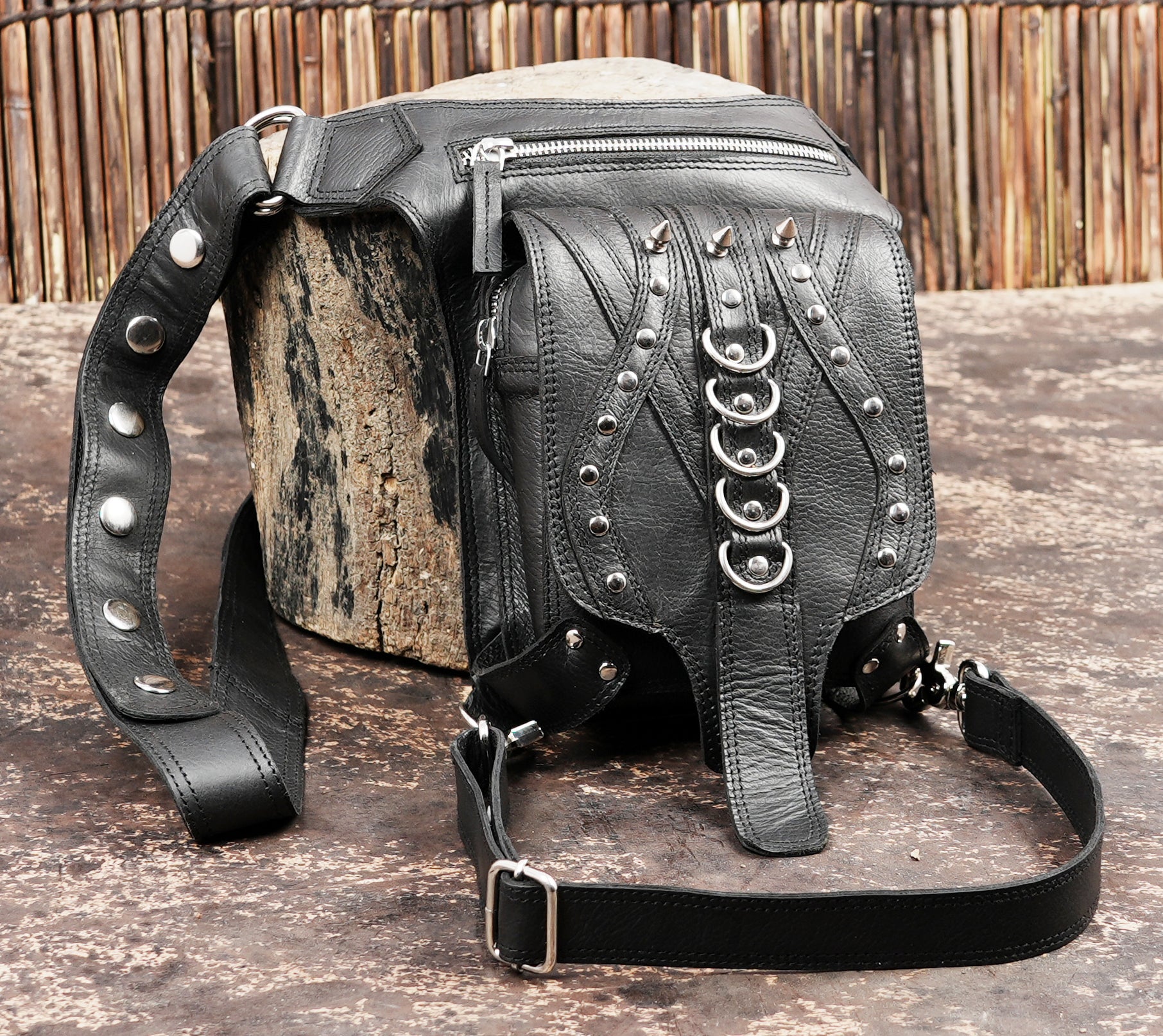 Black leather utility thigh belt with zipper pocket
