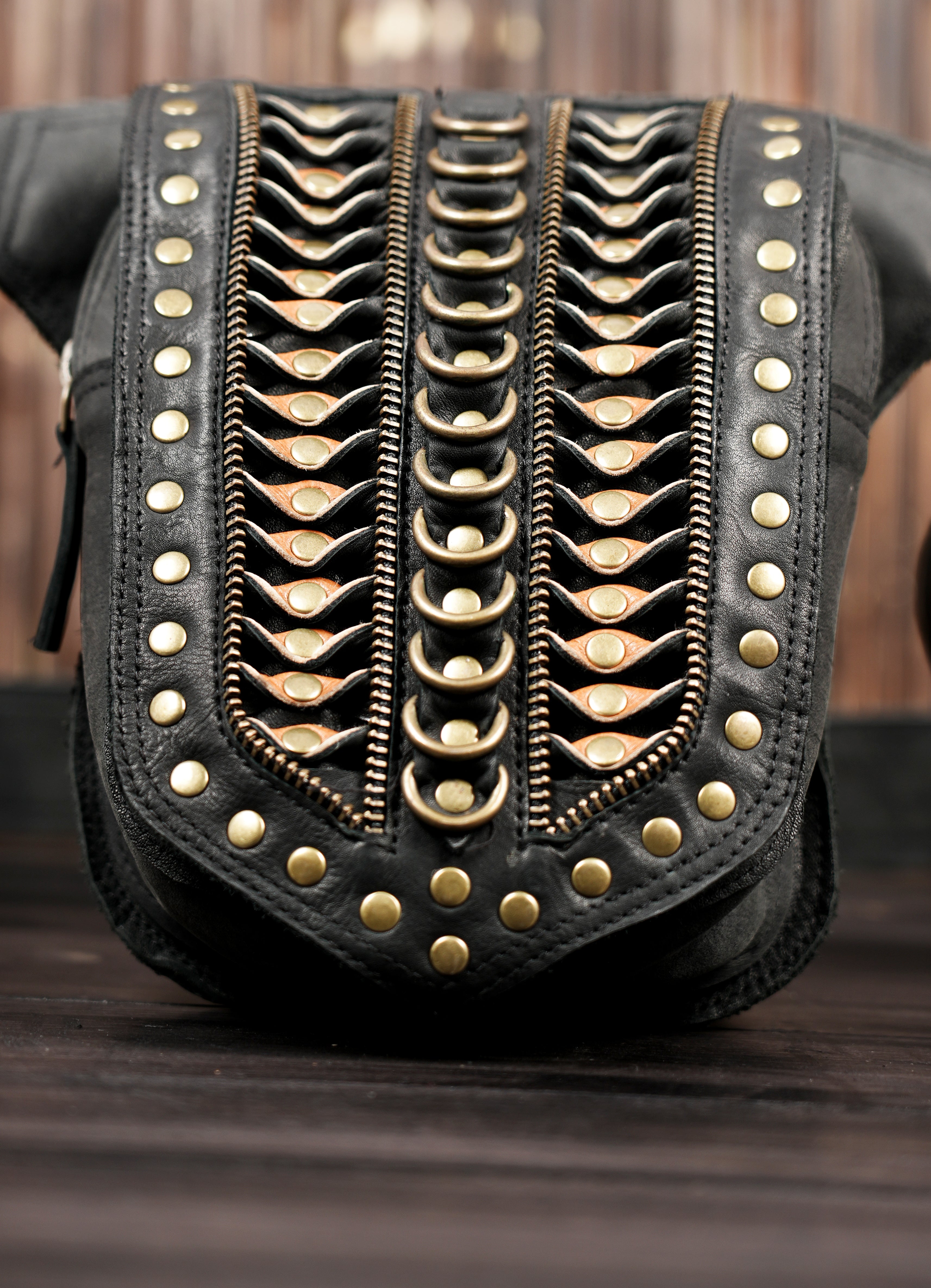 Handcrafted black leather waist belt for festival and streetwear fashion