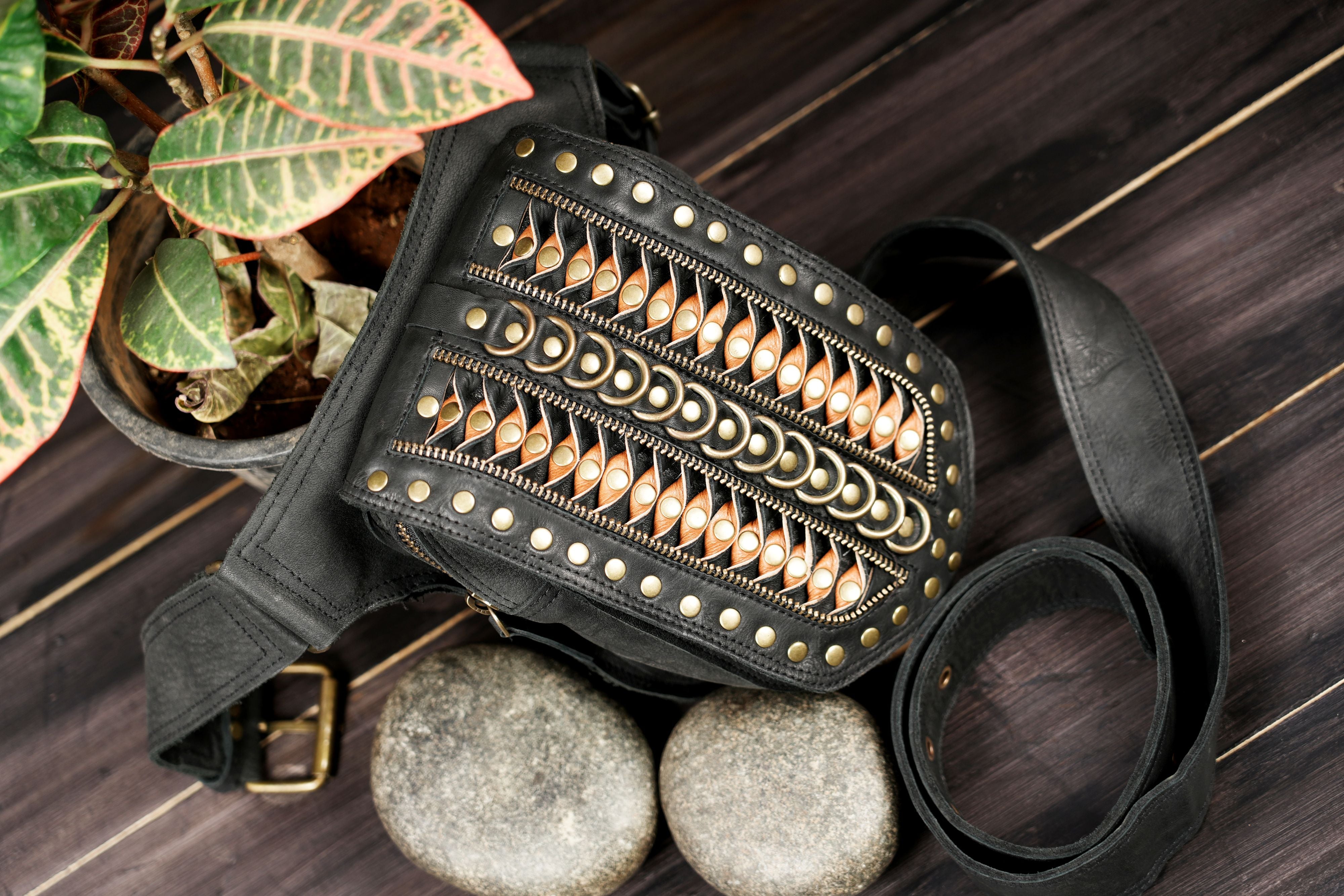 Premium quality black leather waist belt with front panel detailing