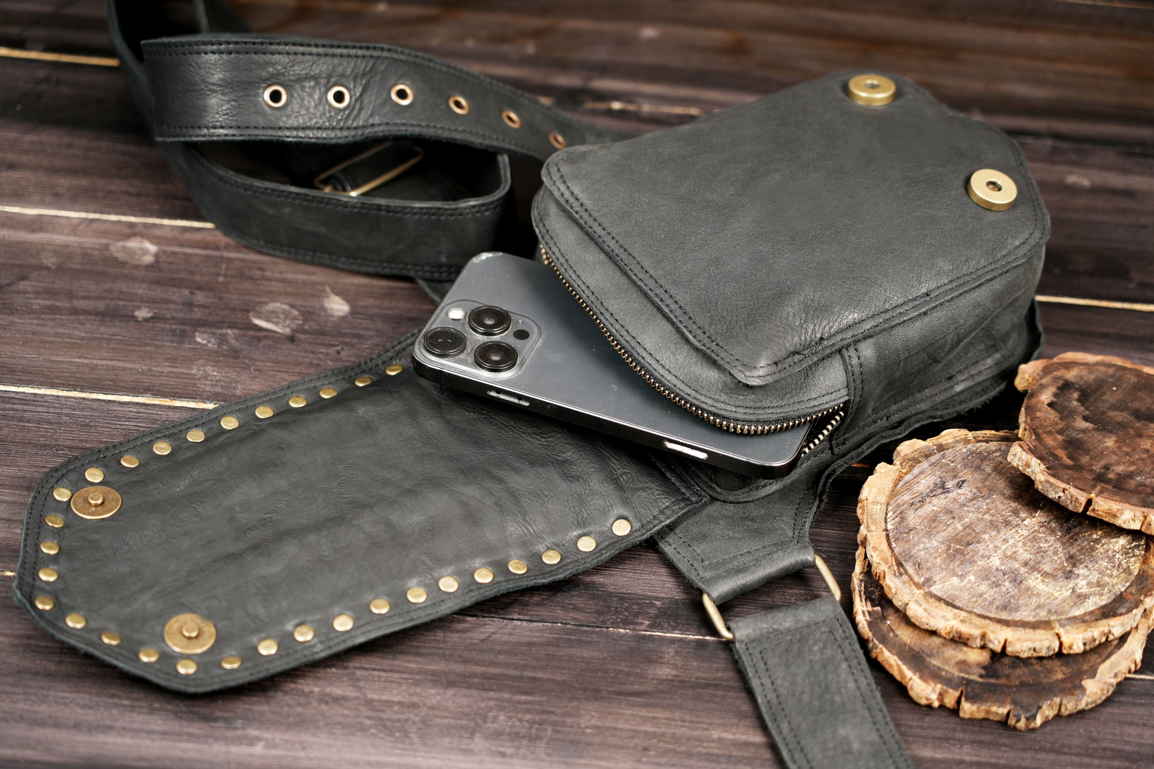 Black Genuine Leather Waist Belt with Metal Stud and Chain Design || Handmade Black Leather Waist Belt with Adjustable Buckle (LT/AB/WB/6070)