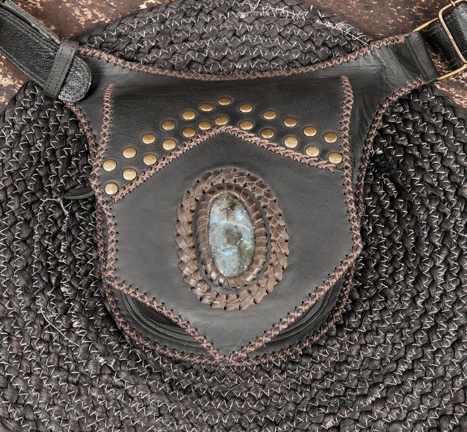 Black leather festival waist belt with adjustable buckle strap