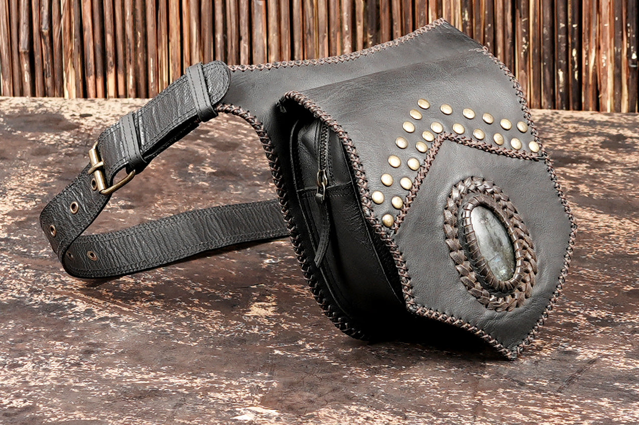 Boho leather waist belt featuring natural stone and hand stitching