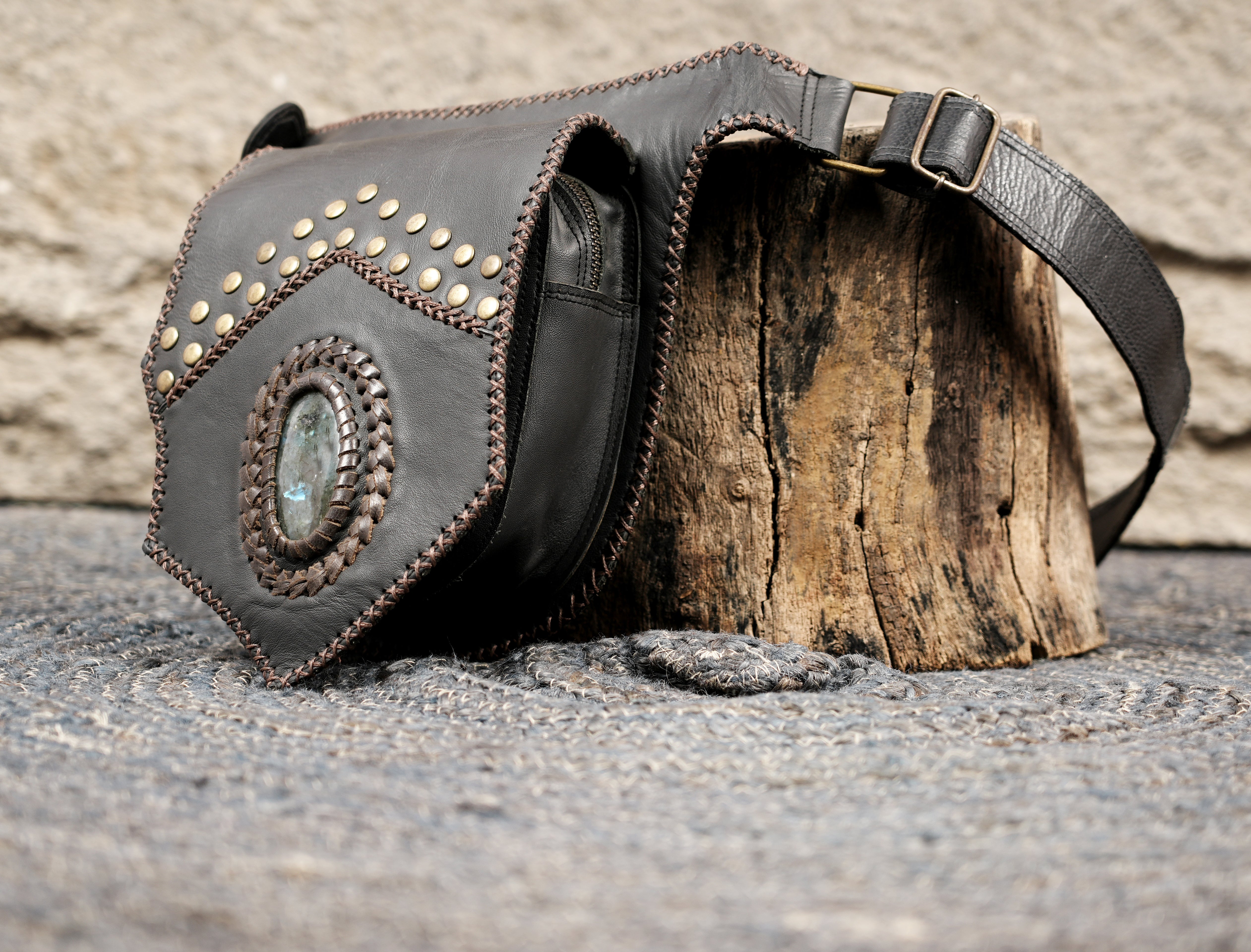 Festival leather waist belt with tribal inspired handwoven design