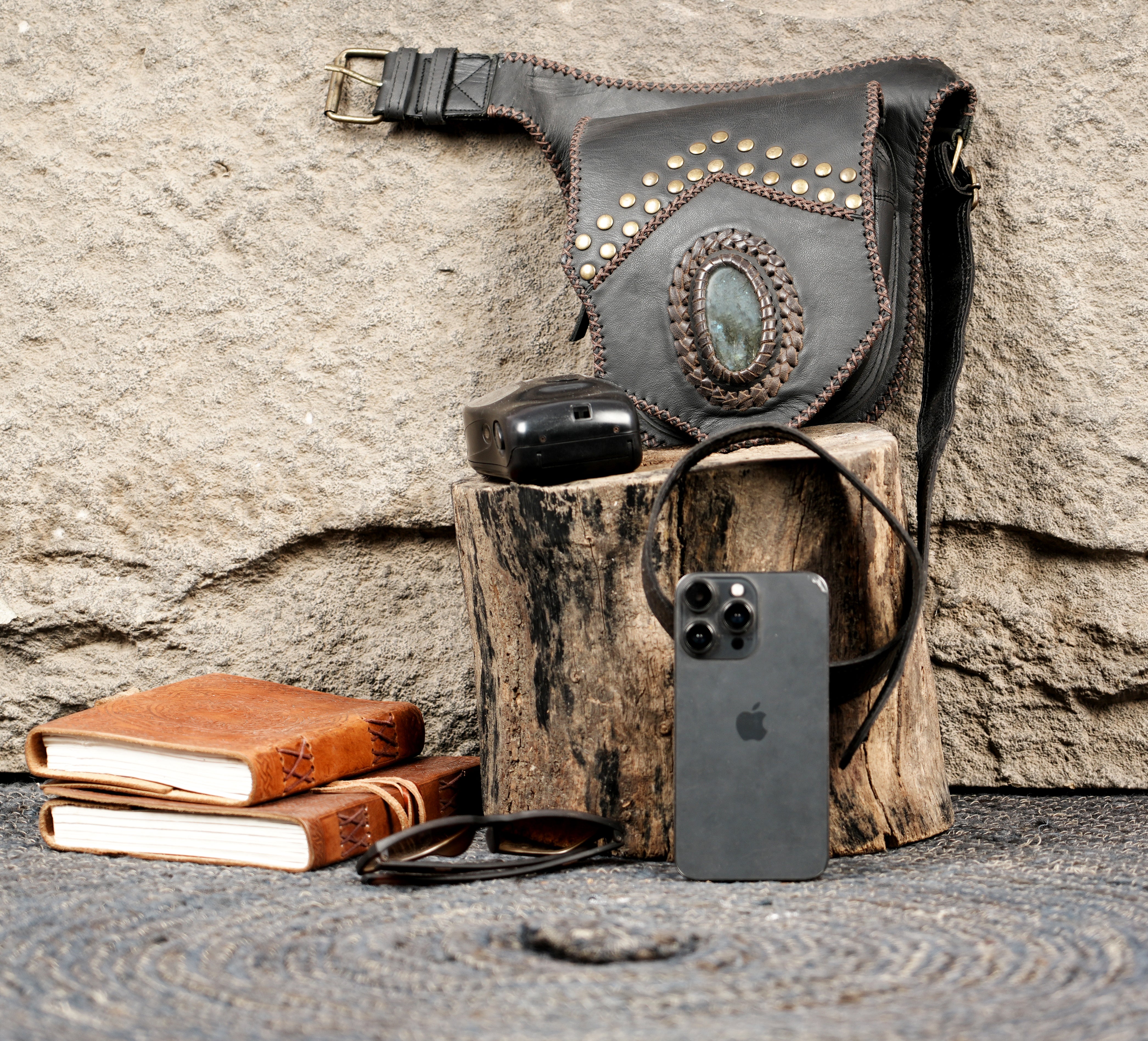 Premium leather waist belt with decorative studs and gemstone detail