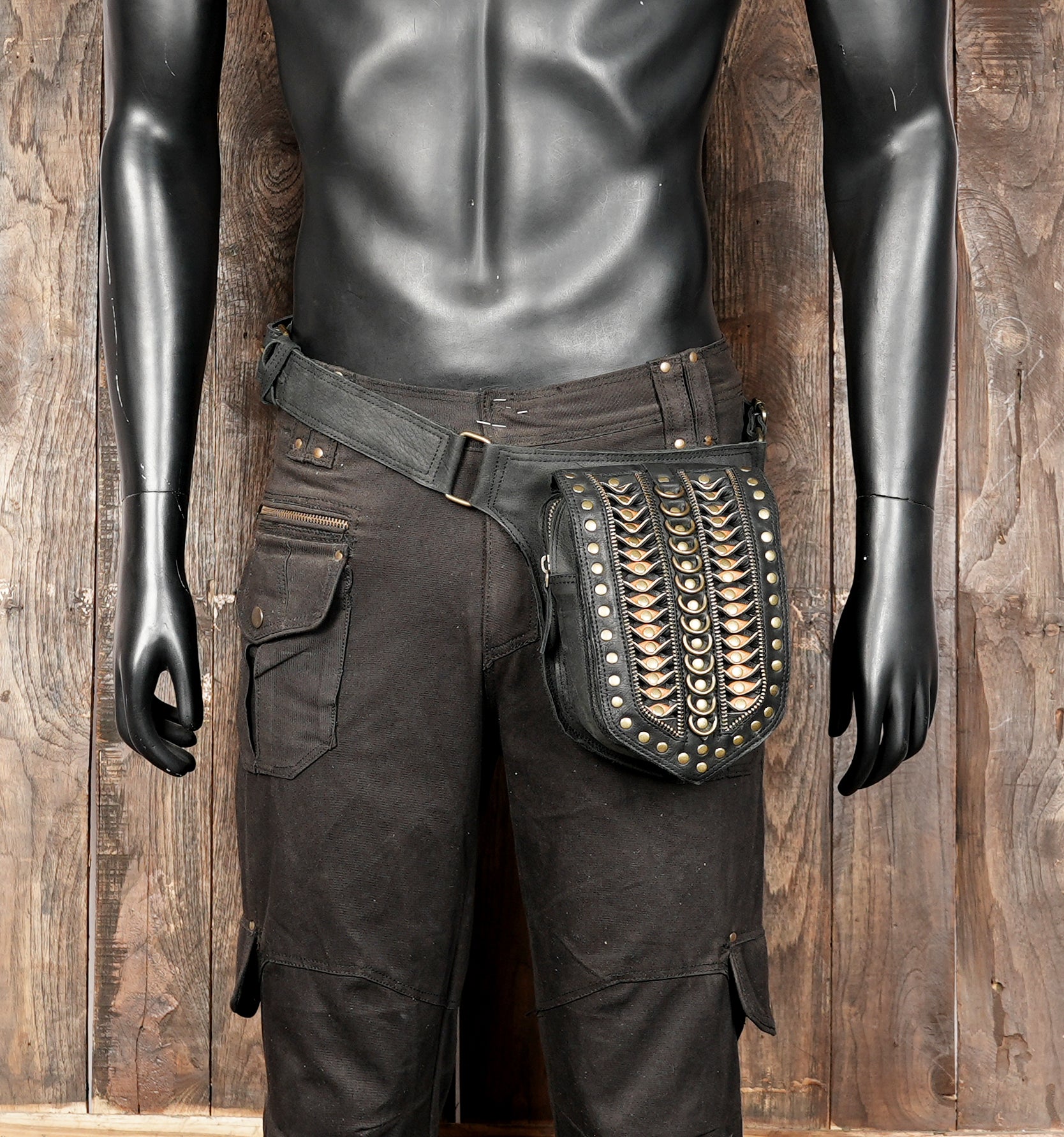 Artisan leather waist belt with metal accents and durable buckle