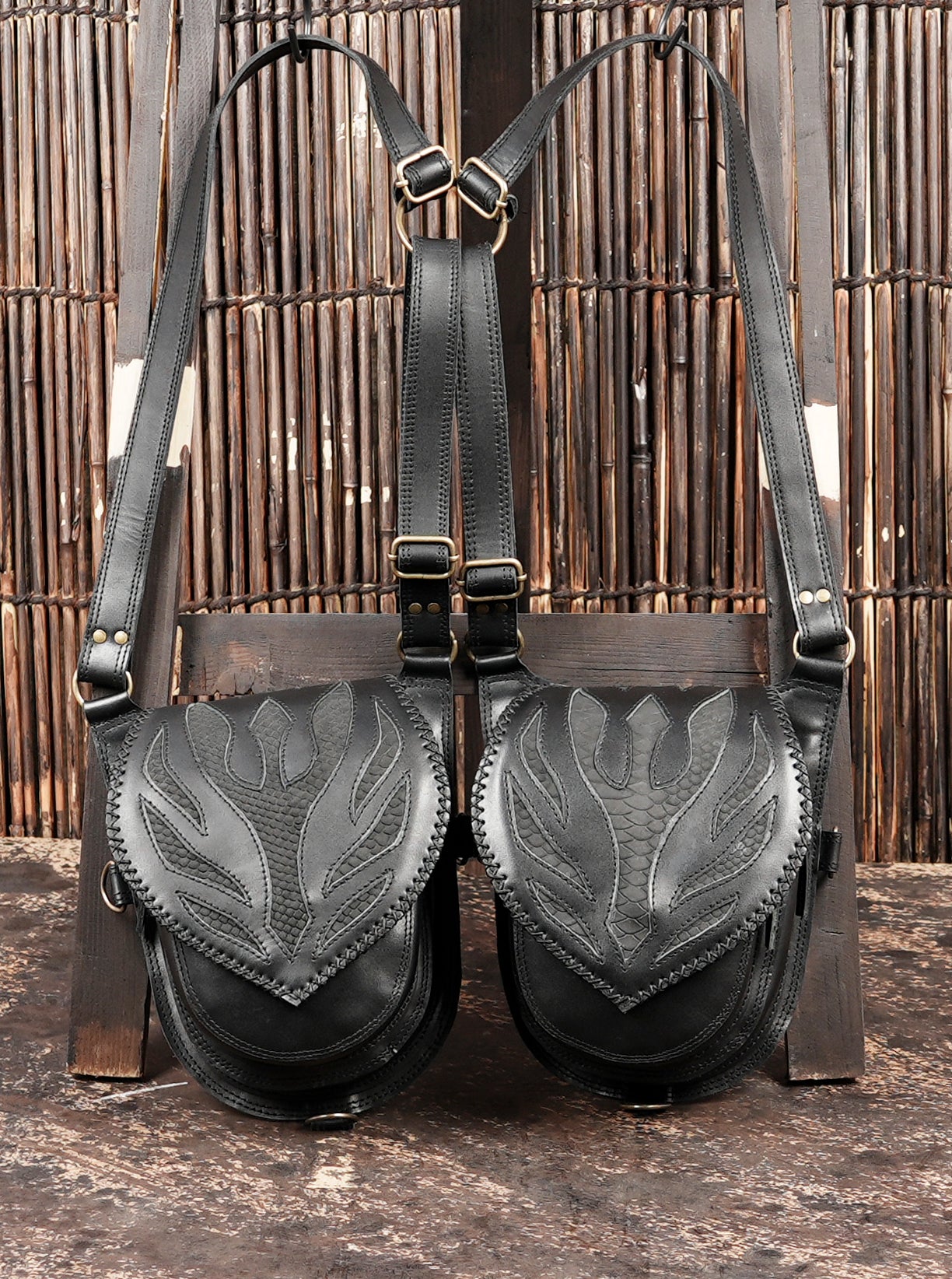 Black leather holster bag for biking, travel, or festivals