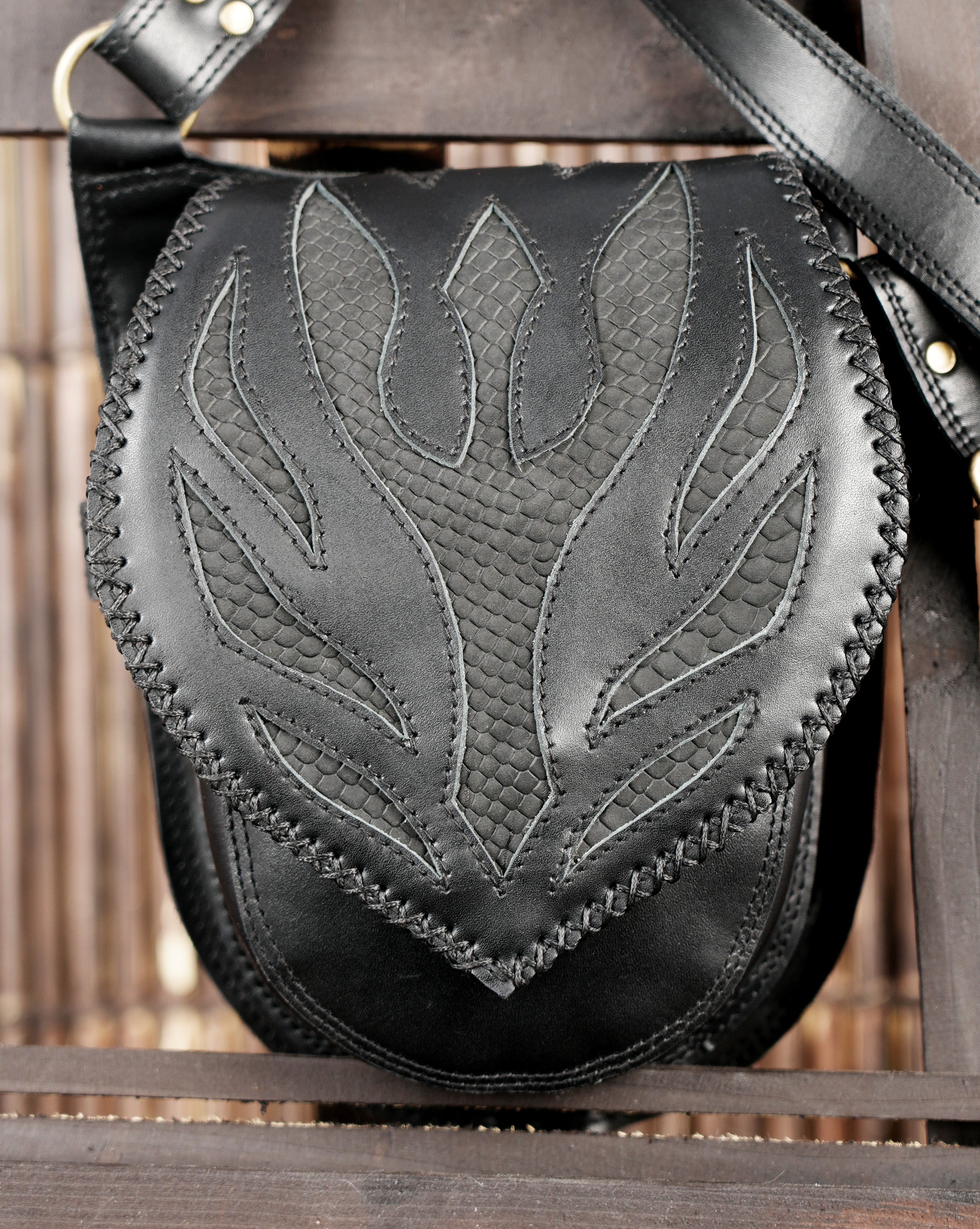 Handmade black leather utility holster with shoulder and leg straps