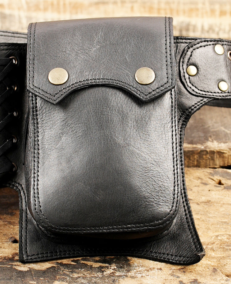 Renaissance fair black leather pouch belt with brass hardware for cosplay and fantasy costumes.