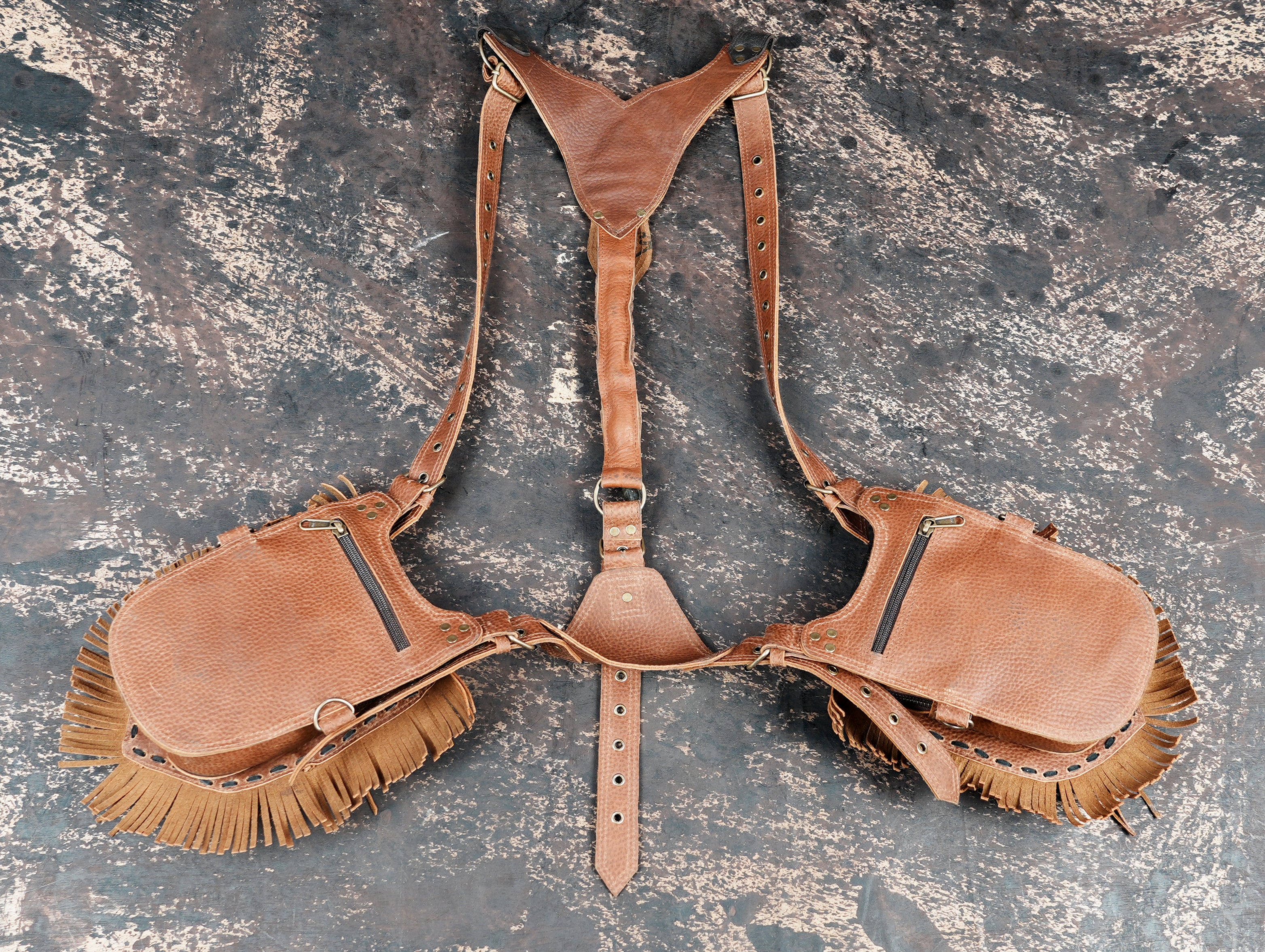Handmade Brown Leather Dual Holster with Adjustable Shoulder Harness || Brown Leather Shoulder Holster Bag with Fringe and Stud Details (LT/AB/HLS/6157)