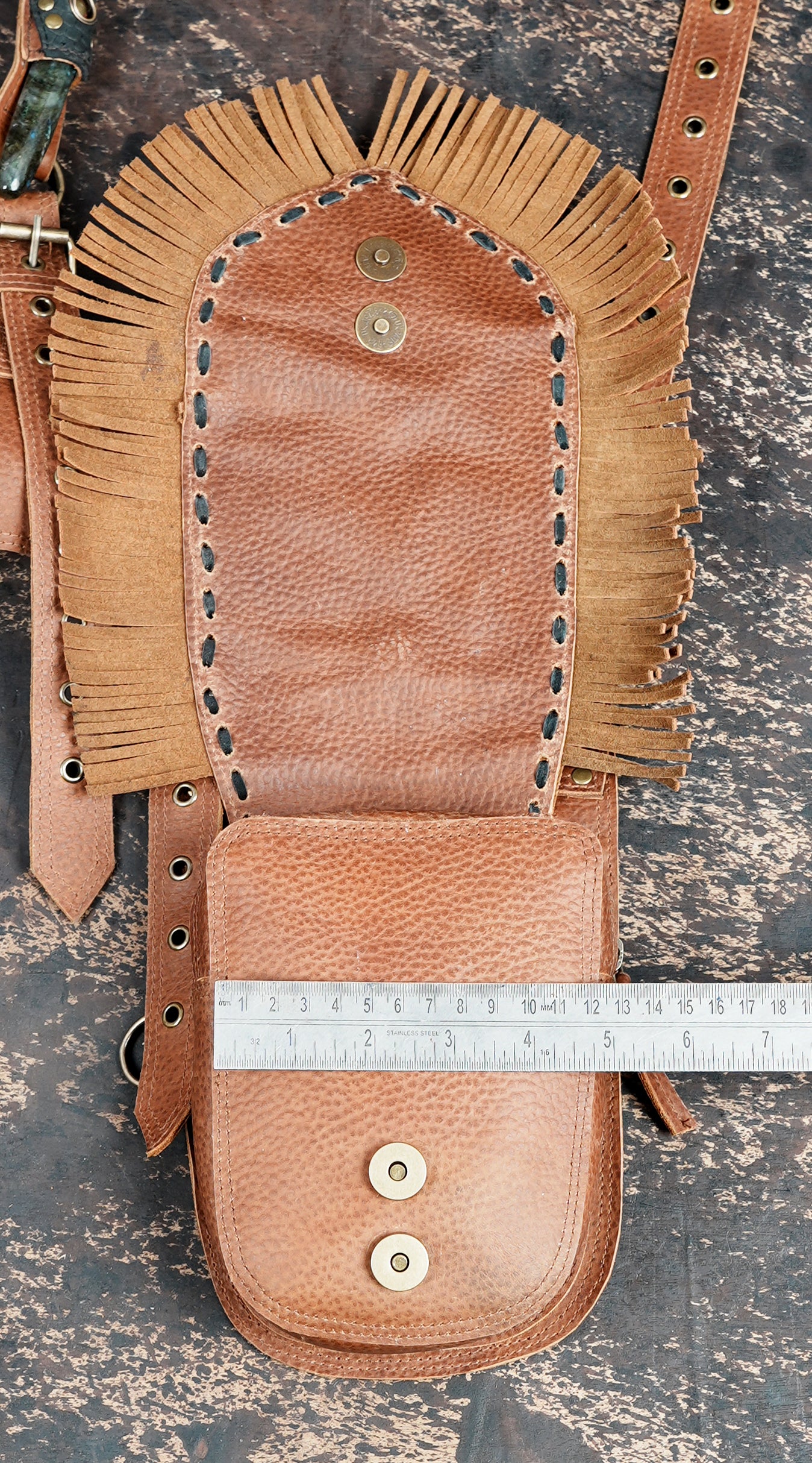 Premium leather shoulder holster with fringe and metal hardware