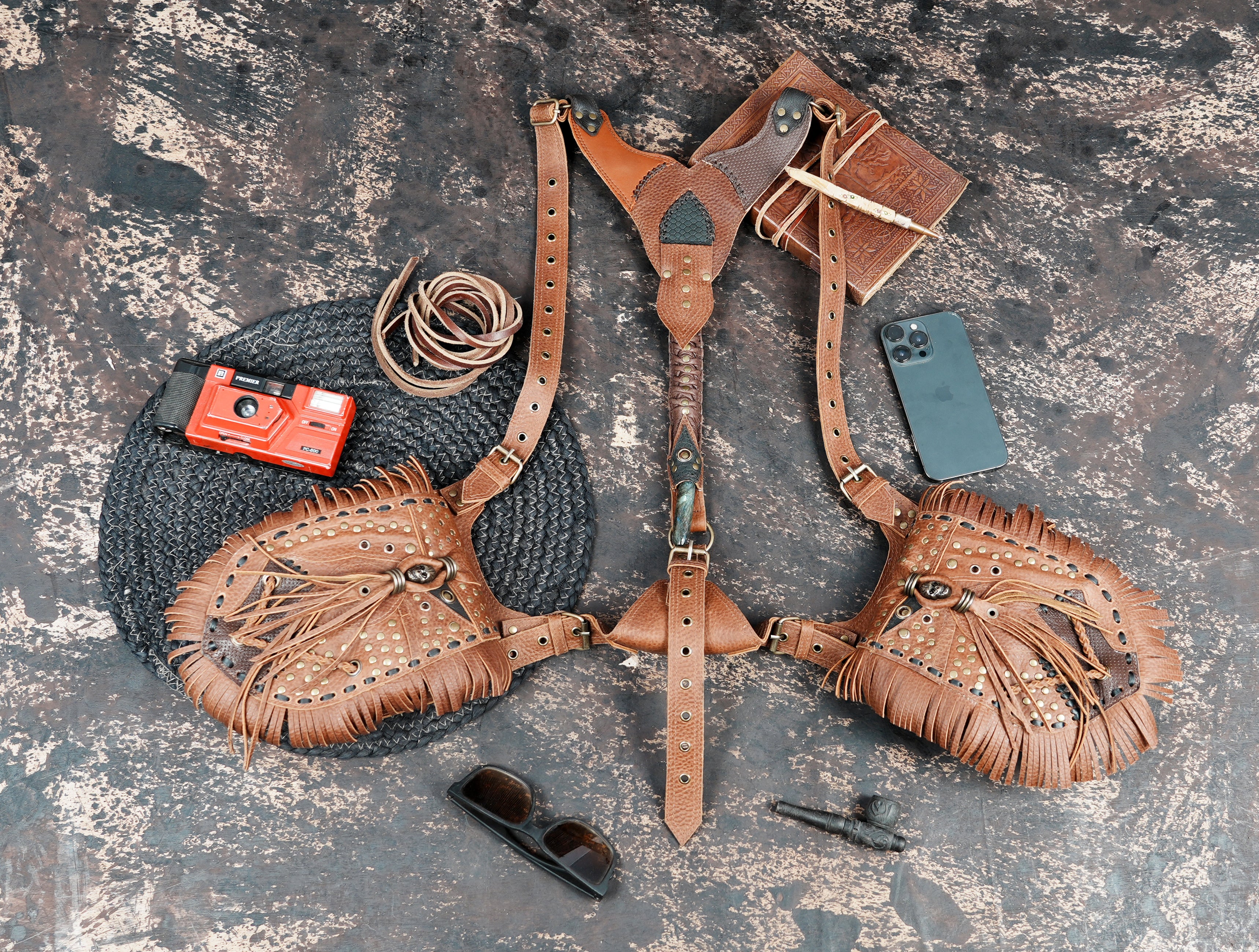 Handmade Brown Leather Dual Holster with Adjustable Shoulder Harness || Brown Leather Shoulder Holster Bag with Fringe and Stud Details (LT/AB/HLS/6157)