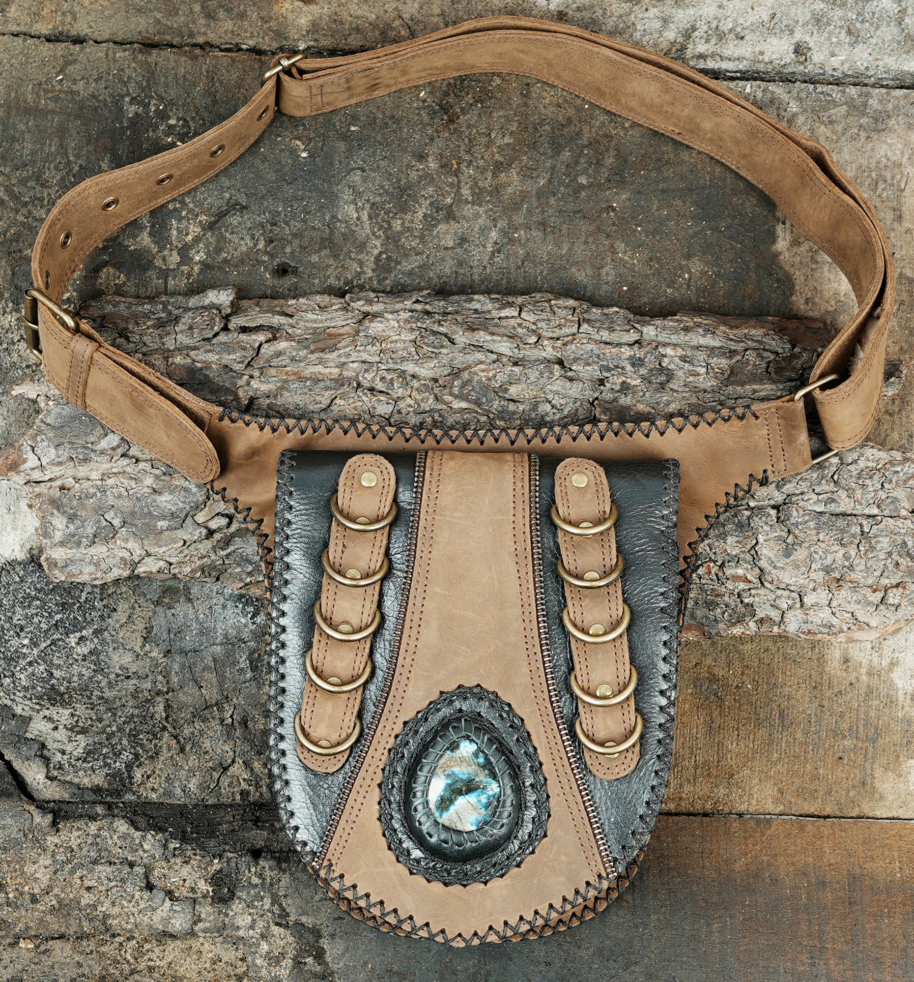 Leather Waist Belt with Labradorite Gemstone & Antique Brass Studs 50% Off worldwide free shipping