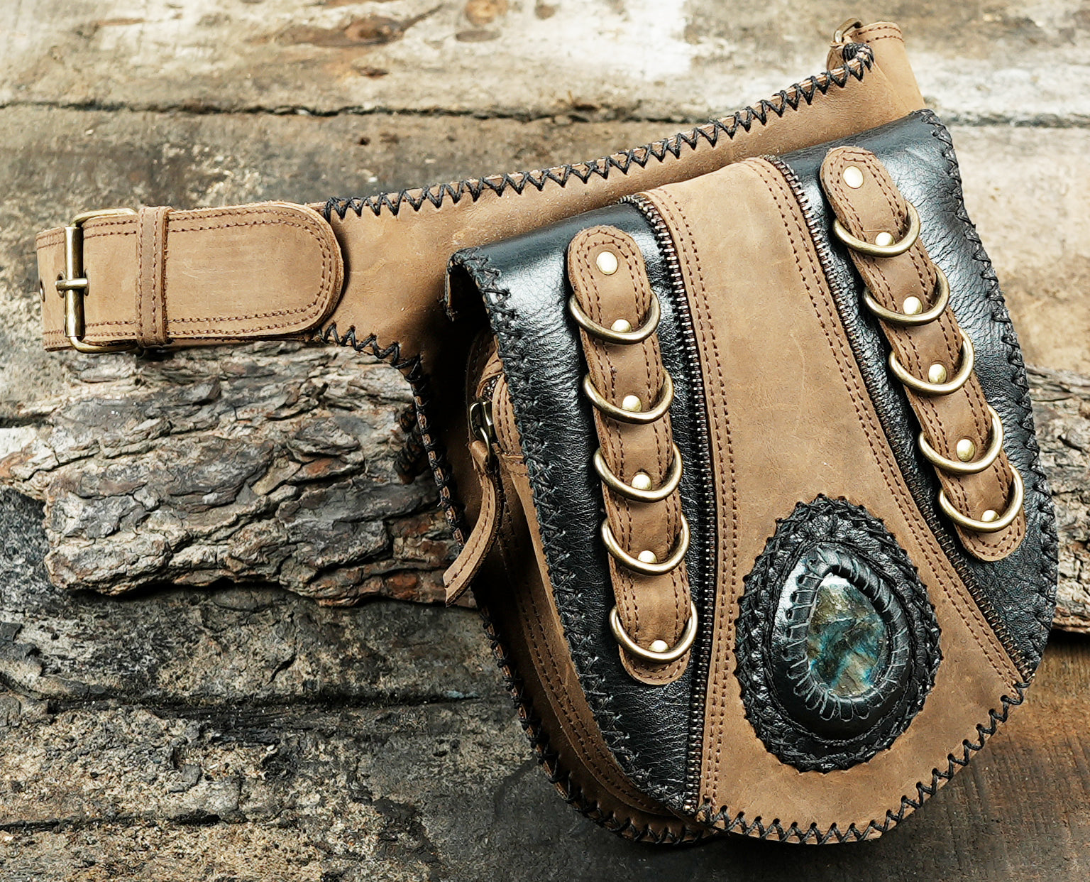 Leather Waist Belt with Labradorite Gemstone & Antique Brass Studs 50% Off worldwide free shipping