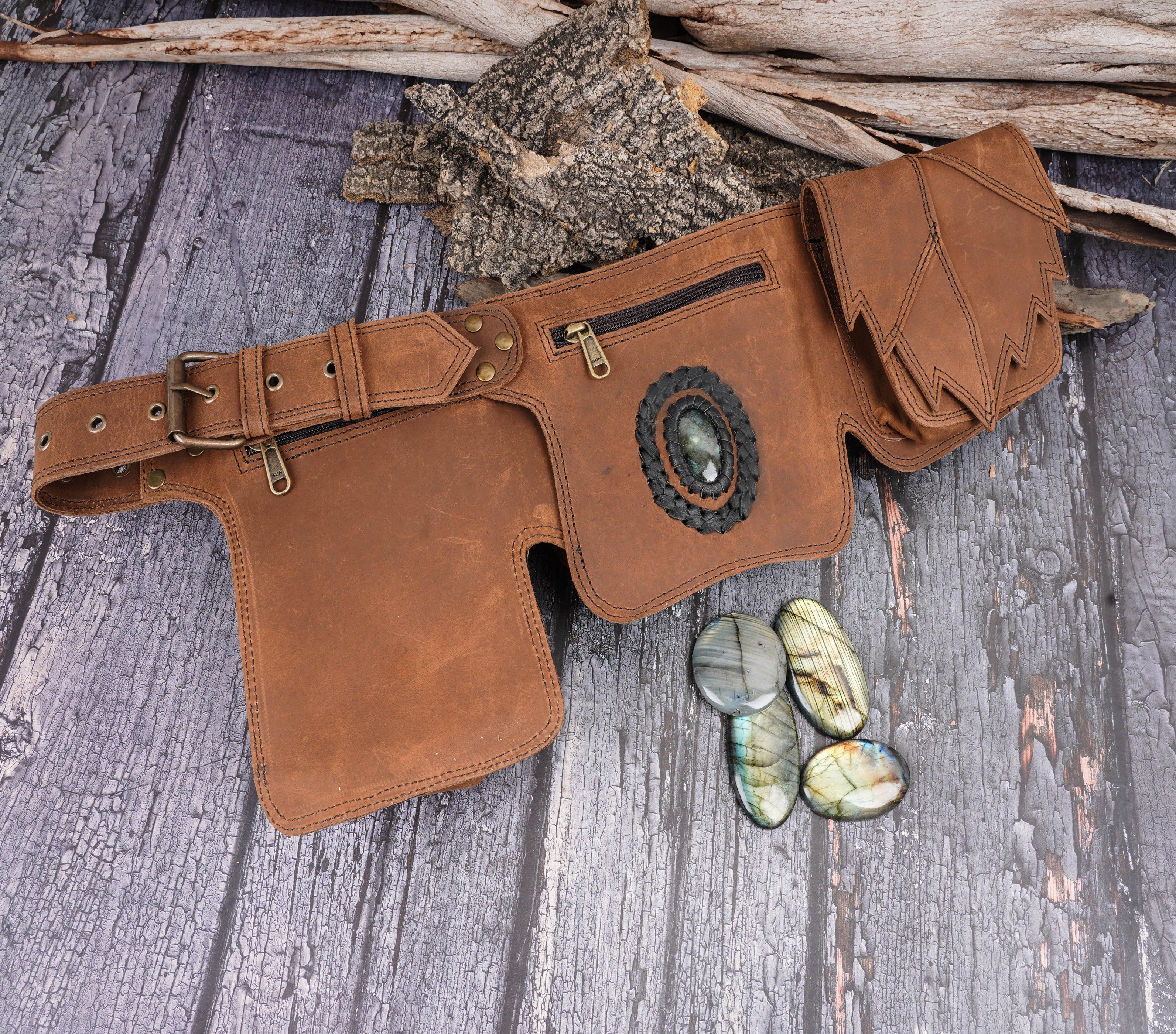 Handmade Light brown Leather Belt bag, 3 pocket leather hip bag - hippie belt bag with gemstone, Festival Fanny pack , Gift for her