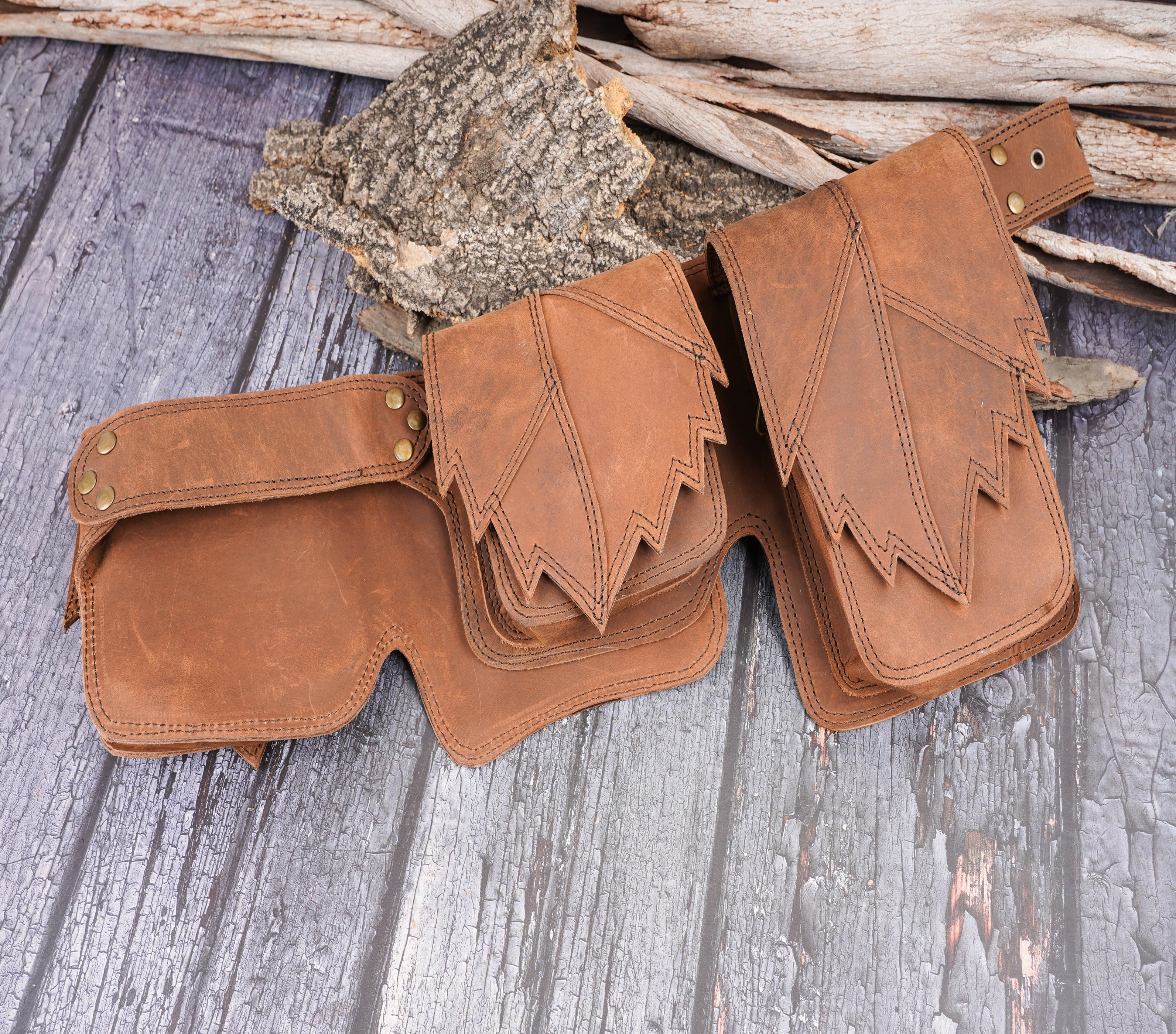 Handmade Light brown Leather Belt bag, 3 pocket leather hip bag - hippie belt bag with gemstone, Festival Fanny pack , Gift for her