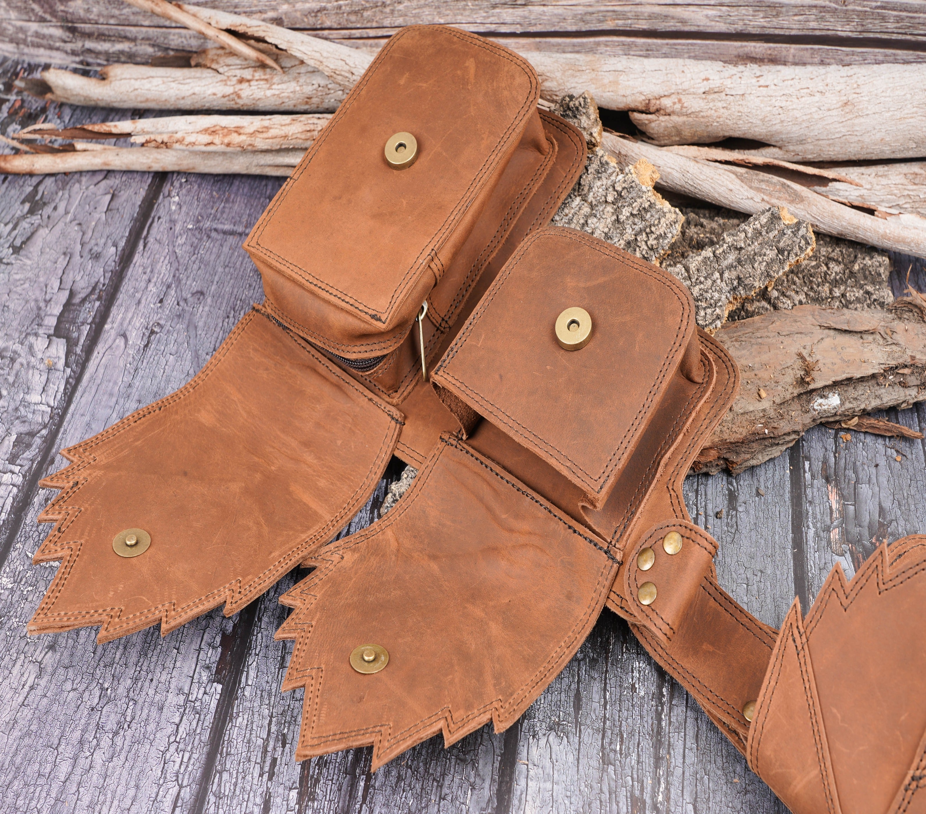 Handmade Light brown Leather Belt bag, 3 pocket leather hip bag - hippie belt bag with gemstone, Festival Fanny pack , Gift for her