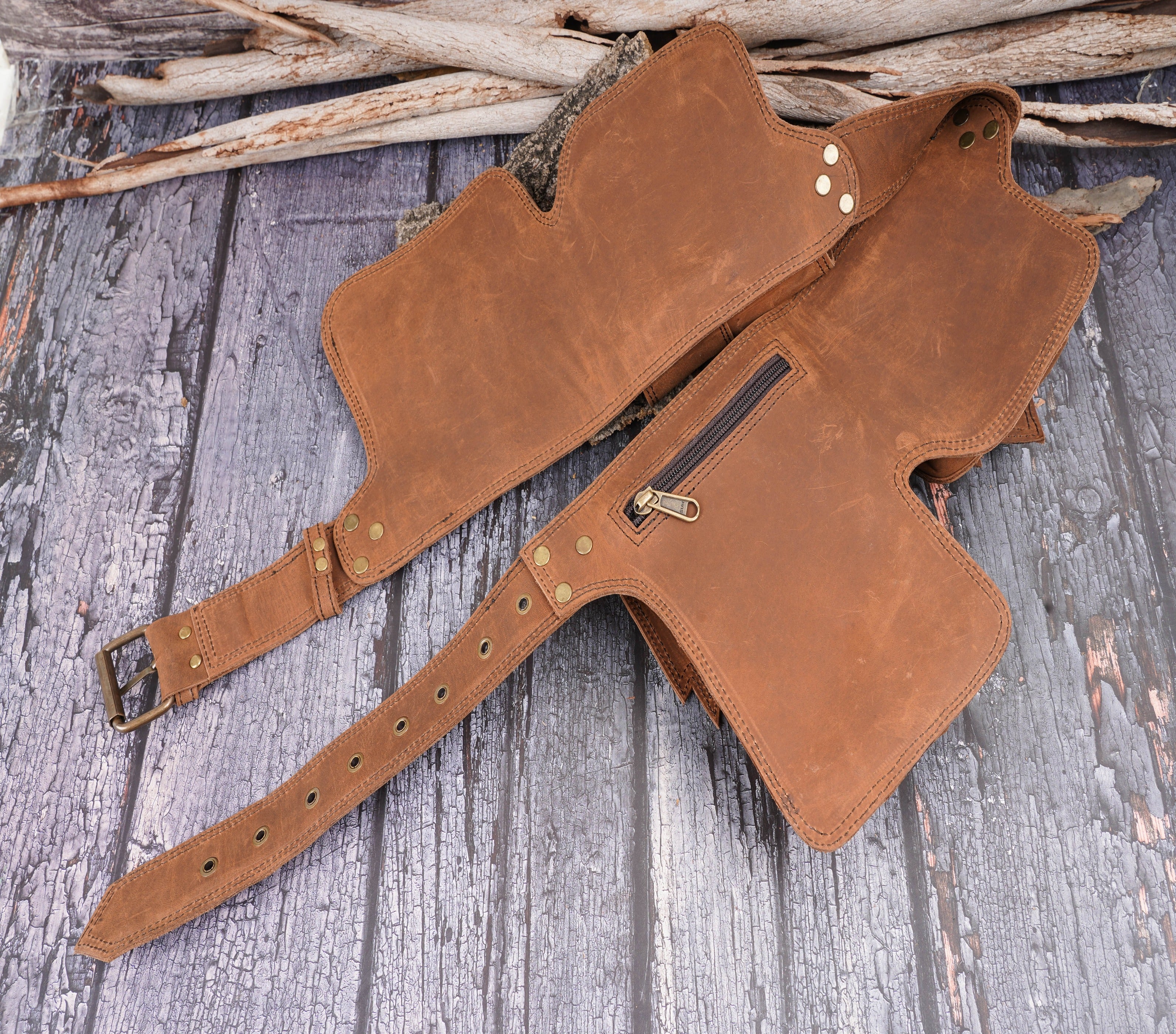 Handmade Light brown Leather Belt bag, 3 pocket leather hip bag - hippie belt bag with gemstone, Festival Fanny pack , Gift for her