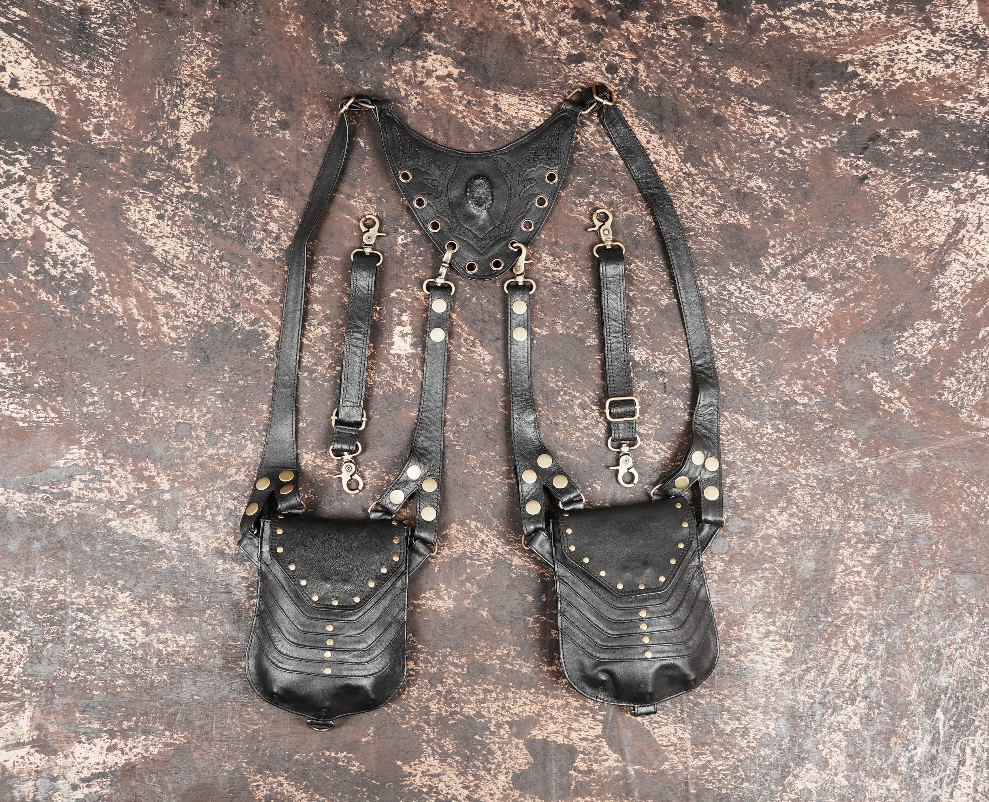 Handcrafted black leather shoulder holster with dual utility pouches