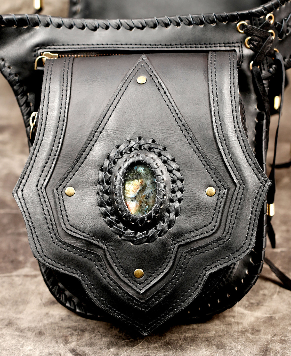 Black leather festival hip belt with brass hardware