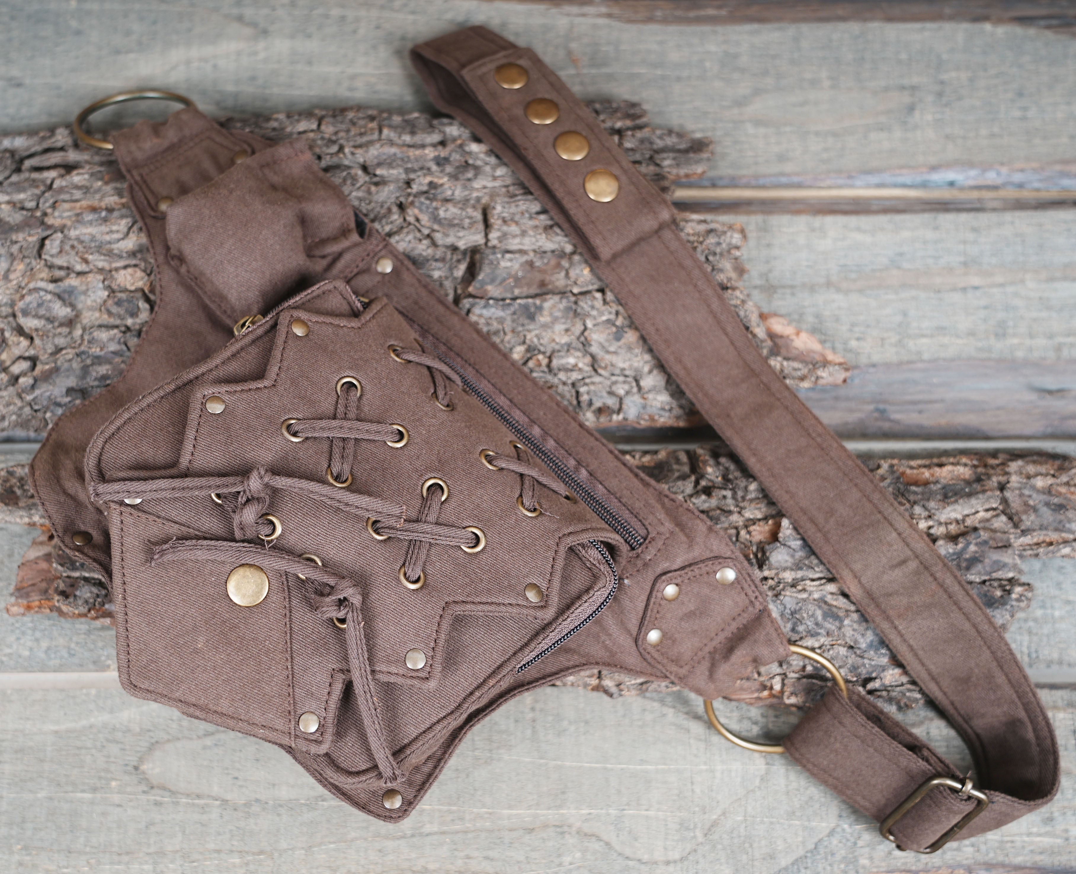 Cotton Waist Belt with Antique Brass Studs and Multiple Pockets 50% Off worldwide free shipping.