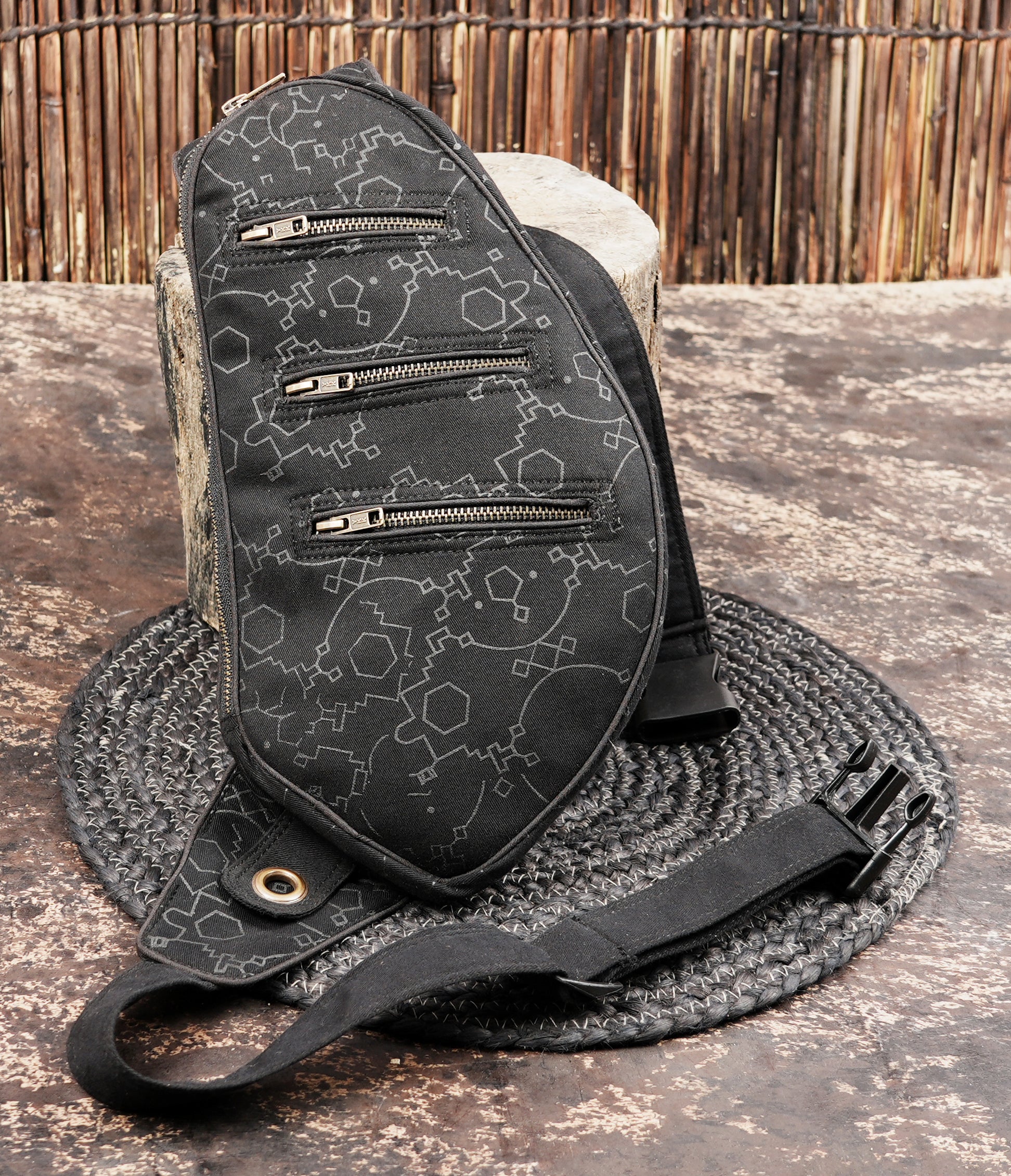 Minimal cotton shoulder sling bag with front zipper pockets