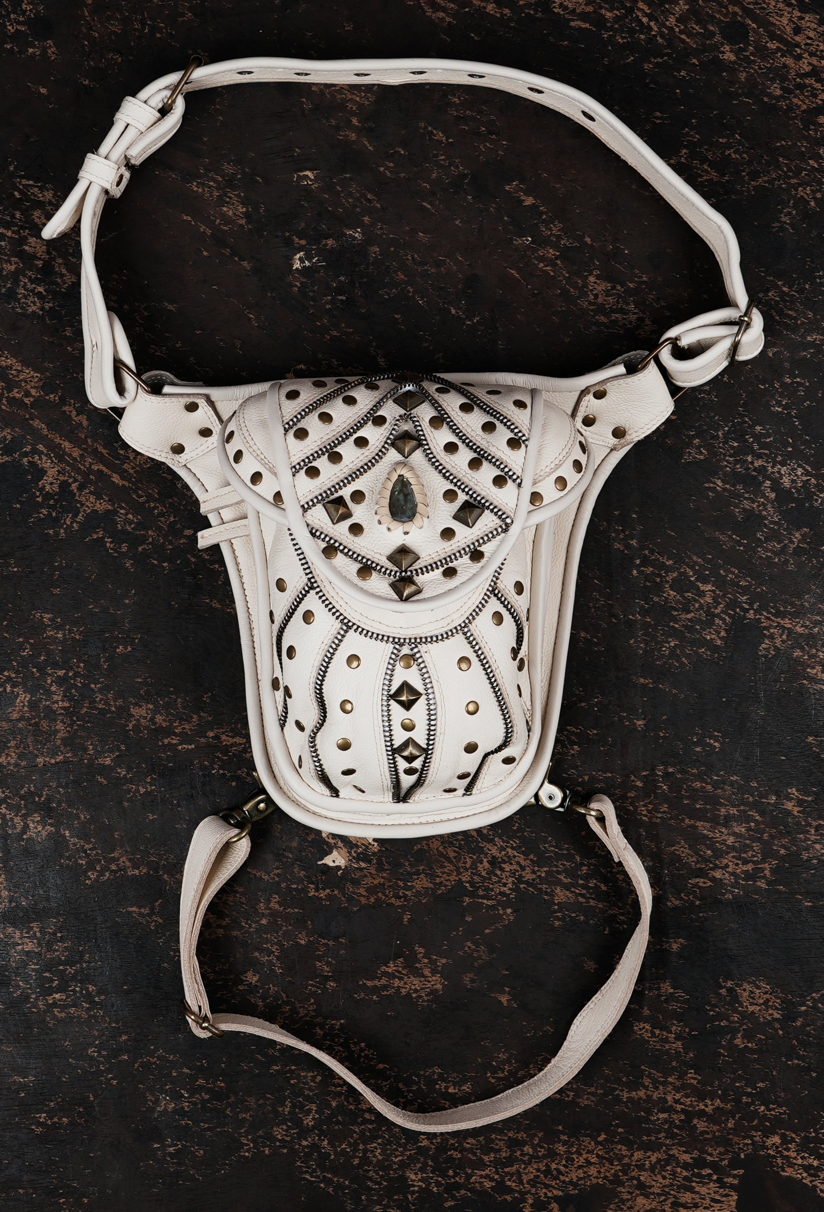 Brown leather waist thigh belt with studded pouch and leg strap