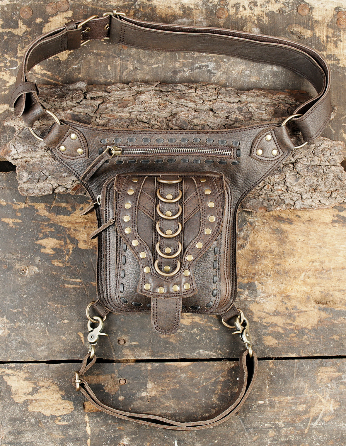 Gothic festival leather thigh belt with metal detailing
