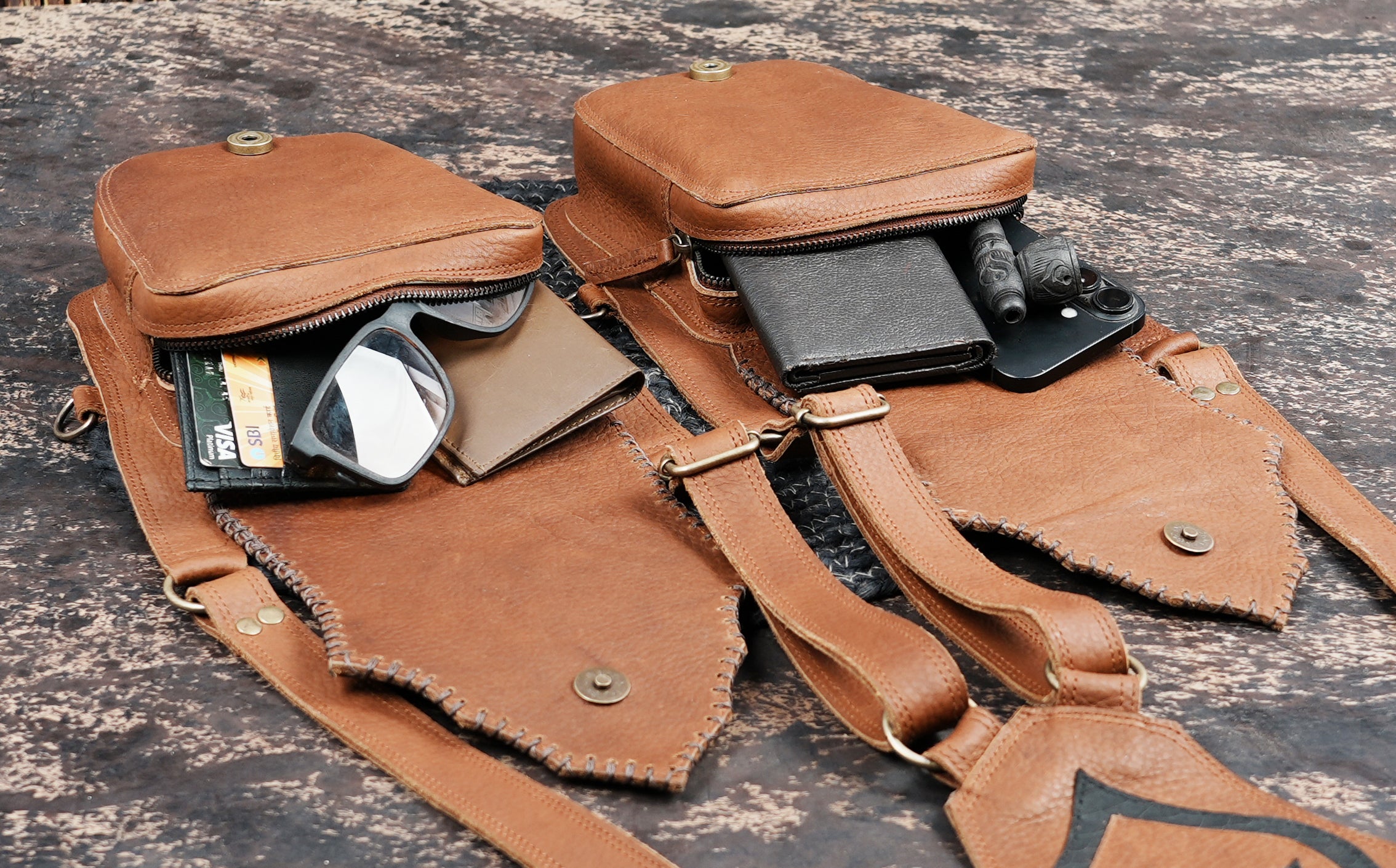 Bohemian style leather waist holster with lotus design