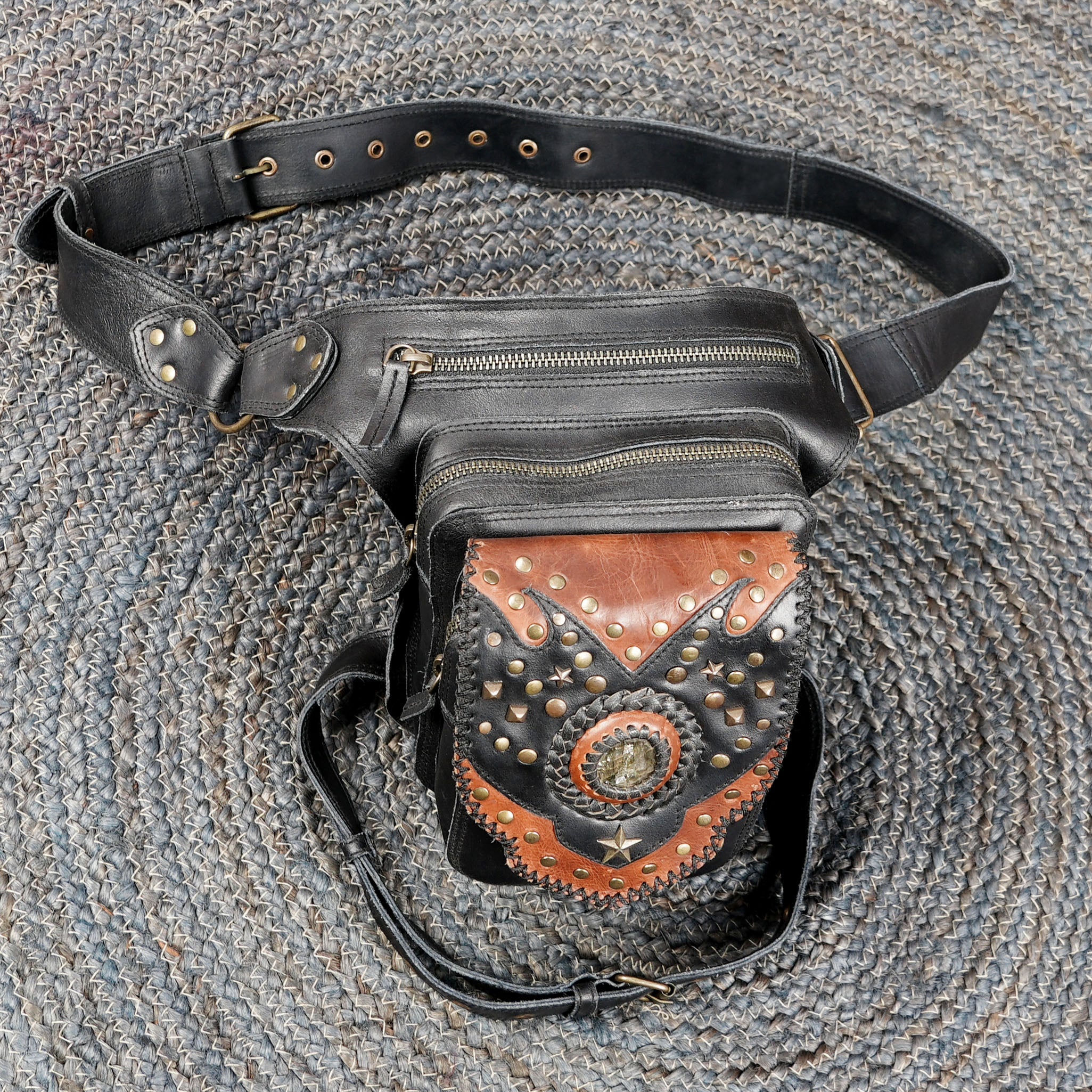 Black leather waist pouch belt with adjustable thigh strap